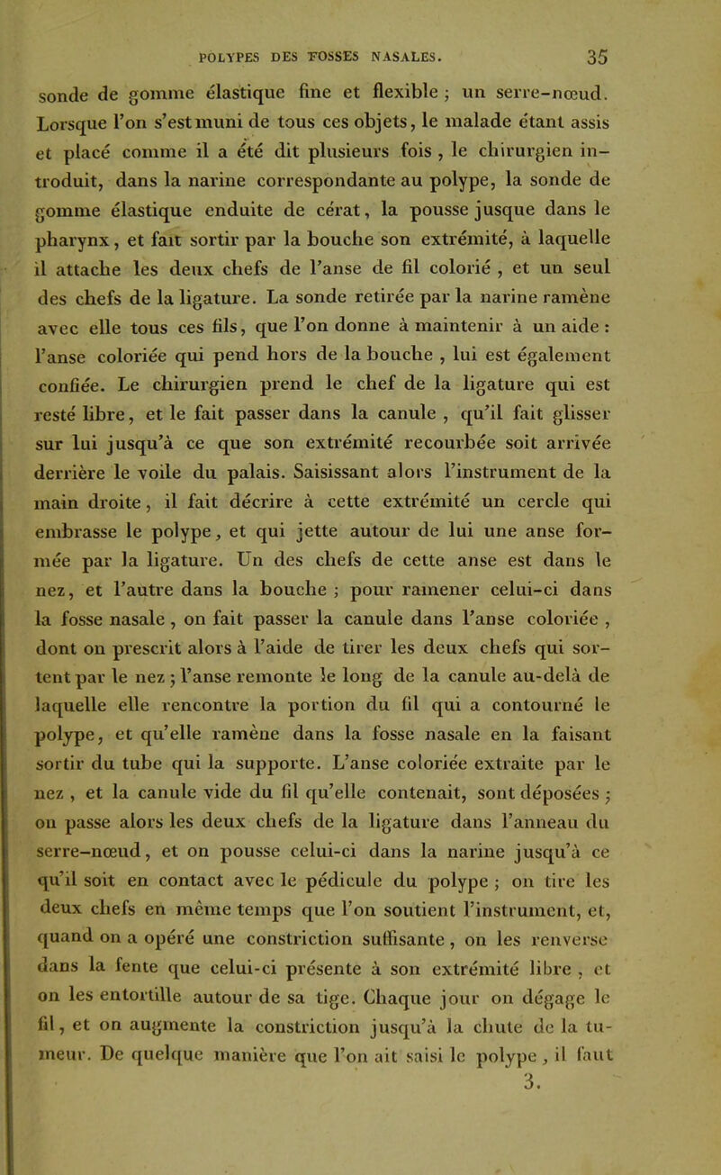 sonde de gomme élastique fine et flexible ; un serre-nœud. Lorsque l'on s'est muni de tous ces objets, le malade étant assis et placé comme il a été dit plusieurs fois , le chirurgien in- troduit, dans la narine correspondante au polype, la sonde de gomme élastique enduite de cérat, la pousse jusque dans le pharynx, et fait sortir par la bouche son extrémité, à laquelle il attache les deux chefs de l'anse de fil colorié , et un seul des chefs de la ligature. La sonde retirée par la narine ramène avec elle tous ces fils, que l'on donne à maintenir à un aide : l'anse coloriée qui pend hors de la bouche , lui est également confiée. Le chirurgien prend le chef de la ligature qui est resté libre, et le fait passer dans la canule , qu'il fait glisser sur lui jusqu'à ce que son extrémité recourbée soit arrivée derrière le voile du palais. Saisissant alors l'instrument de la main droite, il fait décrire à cette extrémité un cercle qui embrasse le polype, et qui jette autour de lui une anse for- mée par la ligature. Un des chefs de cette anse est dans le nez, et l'autre dans la bouche ; pour ramener celui-ci dans la fosse nasale , on fait passer la canule dans l'anse coloriée , dont on prescrit alors à l'aide de tirer les deux chefs qui sor- tent par le nez ; l'anse remonte le long de la canule au-delà de laquelle elle rencontre la portion du fil qui a contourné le polype, et qu'elle ramène dans la fosse nasale en la faisant sortir du tube qui la supporte. L'anse coloriée extraite par le nez , et la canule vide du fil qu'elle contenait, sont déposées ; on passe alors les deux chefs de la ligature dans l'anneau du serre-nœud, et on pousse celui-ci dans la narine jusqu'à ce qu'il soit en contact avec le pédicule du polype ; on tire les deux chefs en même temps que l'on soutient l'instrument, et, quand on a opéré une constriction suffisante, on les renverse dans la fente que celui-ci présente à son extrémité libre , et on les entortille autour de sa tige. Chaque jour on dégage le fil, et on augmente la constriction jusqu'à la chute de la tu- meur. De quelque manière que Ton ait saisi le polype , il faut 3.