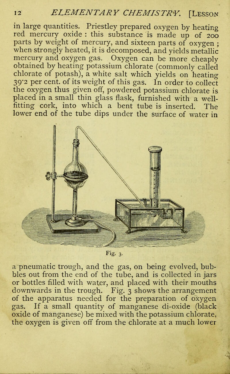 in large quantities. Priestley prepared oxygen by heating red mercury oxide : this substance is made up of 200 parts by weight of mercury, and sixteen parts of oxygen ; when strongly heated, it is decomposed, and yields metallic mercury and oxygen gas. Oxygen can be more cheaply obtained by heating potassium chlorate (commonly called chlorate of potash), a white salt which yields on heating 39*2 per cent, of its weight of this gas. In order to collect the oxygen thus given off, powdered potassium chlorate is placed in a small thin glass flask, furnished with a well- fitting cork, into which a bent tube is inserted. The lower end of the tube dips under the surface of water in Fig. 3- a pneumatic trough, and the gas, on being evolved, bub- bles out from the end of the tube, and is collected in jars or bottles filled with water, and placed with their mouths downwards in the trough. Fig. 3 shows the arrangement of the apparatus needed for the preparation of oxygen gas. If a small quantity of manganese di-oxide (black oxide of manganese) be mixed with the potassium chlorate, the oxygen is given off from the chlorate at a much lower