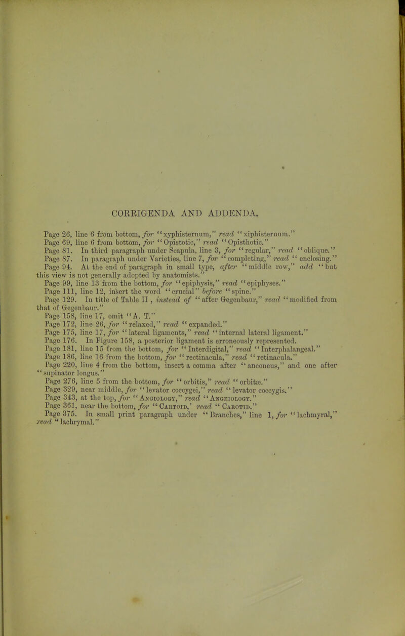 CORRIGENDA AND ADDENDA. Page 26, line 6 from bottom, for '' xyphisternum, read xiphisternum. Page 69, line 6 from bottom, for Opistotic, read '' Opisthotic. Page 81. In third paragraph under Scapula, line 3, for regular, read oblique. Page 87. In paragraph under Varieties, line 7, for completing, read  enclosing. Page 94. Al the end of paragraph in small type, after middle row, add but this view is not generally adopted by anatomists. Page 99, line 13 from the bottom, for epiphysis, read epiphyses. Piige 111, line 12, insert the word crucial before spine. Page 129. In title of Table II , instead of after Gegenbaur, read modified from that of Gegenbaur. Page 158, line 17, omit A. T. Page 172, line 26, for relaxed, read expanded. Page 175, line 17, for lateral ligaments, read internal lateral ligament. Page 176. In Figure 158, a posterior ligament is erroneously represented. Page 181, line 15 from the bottom, for  Interdigital, read  Interphalangeal. Page 186, line 16 from the bottom, for  rectinacula, read  retinacula. Page 220, line 4 from the bottom, insert a comma after anconeus, and one after supinator longus. Page 276, line 5 from the bottom, for  orbitis, read  orbitre. Page 329, near middle, for levator coccygei, read  levator coccygis. Page 343, at the top, for Anoiologt, read '' Angeiolooy.  Page 361, near the bottom, for  Cartoid,' read  Carotid. Pa ge 375. In small print paragraph under Branches, line 1, for lachmyral, read  lachrymal.