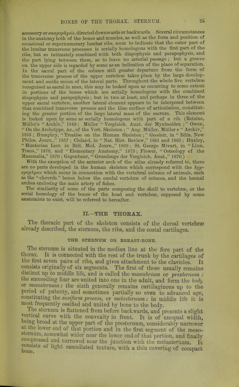 accessory or anapopJiysii, directed downwards or backwards. Several circumstances in the anatomy both of the bones and muscles, as well as the form and position of occasional or supernumerary lumbar ribs, seem to indicate that the outer part of the lumbar transverse processes is serially homologous with the first part of the ribs, but so intimately combined with both diapophysis and parapophysis, and the part lying between them, as to leave no arterial passage ; but a groove on the upper side is regarded by some as an indication of the place of separation. In the sacral part of the column still greater departure from the form of the transverse process of the upper vertebras takes place by the large develop- ment and ossific union of the lateral parts. Throughout the whole five vertebras recognised as sacral in man, this may be looked upon as occurring to some extent in portions of the bones which are serially homologous with the combined diapophysis and parapophysis; but in two at least, and perhaps in three of the upper sacral vertebras, another lateral element appears to be interposed between that combined transverse process and the iliac surface of articulation, constitut- ing the greater portion of the large lateral mass of the sacrum. This element is looked upon by some as serially homologous with part of a rib. (Retzius, Midler's  Archiv, 1849 ; Muller  Vergleich. Anat. der Myxinoiden ; Owen,  On the Archetype, &c, of the Vert. Skeleton ;  Aug. Muller, Muller s  Archiv, 1853 ; Humphry,  Treatise on the Human Skeleton ;  Goodsir, in  Edin. New Philos. Journ., 1857 ; Cleland, in  Nat. Hist. Review, 1861 and 1863 ; Huxley,  Hunterian Lect. in Brit. Med. Journ., 1S69 ; St. George Mivart, in  Linn. Trans., 1870, and  Elementary Anatomy, 1873 ; Flower,  Osteology of the Mammalia, 1870 ; Gegenbaur,  Grundzuge der Vergleich. Anat., 1870.) With the exception of the anterior arch of the atlas already referred to, there are no parts developed in the human skeleton which correspond with the hyp- apophyses which occur in connection with the vertebral column of animals, such as the  chevron  bones below the caudal vertebras of cetacea, and the hasmal arches enclosing the main artery of fishes. The similarity of some of the parts composing the skull to vertebras, or the serial homology of the bones of the head and vertebras, supposed by some anatomists to exist, will be referred to hereafter. II.—THE THORAX. The thoracic part of the skeleton consists of the dorsal vertebras already described, the sternum, the ribs, and the costal cartilages. THE STERNUM OR BREAST-BONE. The sternum is situated in the median line at the fore part of the thorax. It is connected with the rest of the trunk by the cartilages of the first seven pairs of ribs, and gives attachment to the clavicles. It consists originally of six segments. The first of these usually remains distinct up to middle life, and is called the manubrium or presternum : the succeeding four are united into one in the adult, and form the body or mesosternum: the sixth generally remains cartilaginous up to the period of puberty, and sometimes partially so even to advanced age, constituting the ensiform process, or metasternnm: in middle life it is most frequently ossified and united by bone to the body. The sternum is flattened from before backwards, and presents a slight vertical curve with the convexity in front. Id is of unequal width, being broad at the upper part of the presternum, considerably narrower at the lower end of that portion and in the first segment of the meso- sternum, somewhat wider near the lower end of that portion, and finally compressed and narrowed near the junction with the metasternum. It consists of light cancellated texture, with a thin covering of compact