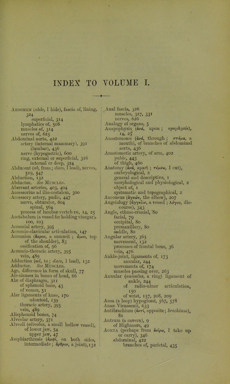 INDEX TO VOLUME I. Abdomen (abdo, I hide), fascia of, lining, 324 superficial, 314 lymphatics of, 508 muscles of, 314 nerves of, 625 Abdominal aorta, 422 artery (internal mammary), 391 (lumbar), 436 nerve (hypogastric), 600 ring, external or superficial, 316 internal or deep, 324 Abducent (ab, from; duco. 1 lead), nerves, 5!9> 547 Abduction, 132 Abductor, Sec MrscLK*. Aberrant arteries, 403, 404 Accessorius ad ilio-costalem, 300 ■ Accessory artery, pudic, 447 nerve, obturator, 604 spinal, 564 process of lumbar verteb ra?, 14, 25 Acetabulum (a vessel for holding vinegar), 100, 103 Acromial artery, 395 Acromio-clavicular articulation, 147 Acromion (dupov, a summit ; &pos, top of the shoulder), 83 ossification of, 96 Aeromio-thoracic artery, 395 vein, 489 Adduction (ad, to; duco, 1 lead), 132 Adductor. Sec Muscles. Age, difference in form of skull, 77 Air-sinuses in bones of head, 66 Ala; of diaphragm, 311 of sphenoid bone, 43 of vomer, 51 Alar ligaments of knee, 170 qdontoid, 139 thoracic artery, 395 vein, 489 Alisphenoid bones, 74 Alveolar artery, 371 Alveoli (alveolus, a small hollow vessel), of lower jaw, 54 upper jaw, 47 Amphiarthrosis (butyl, on both sides, intermediate; apdpov, a joint), 132 ' Anal fascia, 326 muscles, 327, 331 nerves, 626 ! Analogy of organs, 5 I Anapophysis (bud, upon ; apophysis), 14, 25 I Anastomoses (avd, through ; aTO/xa, a mouth), of branches of abdominal aorta, 436 Anastomotic artery, of arm, 402 pubic, 443 of thigh* 460 Anatomy (avd, apart ; Ttfivos, I cut), embryological, 2 general and descriptive, 1 morphological and physiological, 2 object of, 1 systematic and topographical, 2 Anconeus (ayawv, the elbow), 207 Angeiology (ayyttiv, a vessel ; \6yos, dis- course), 343 ; Angle, ethmo-cranial, 80 facial, 79 occipital, 80 premaxillary, 80 saddle, 80 Angular artery, 365 movement, 132 processes of frontal bono, 36 vein, 476 Ankle-joint, ligaments of, 173 annular, 244 movements of, 174 muscles passing over, 263 Annular (annulus, a ring) ligament of ankle, 244 of radio-ulnar articulation. IP of wrist, 157, 208, 209 Ansa (a loop) hypoglossi, 567, 578 ; Ansae Vieussenii, 633 Antibrachium (ami, opposite; brachium), 81 1 Antrum (a cavern), 9 of Highmore, 49 j Aokta (perhaps from adpu, I take up or carry), 346 abdominal, 422 branches of, parietal, 435