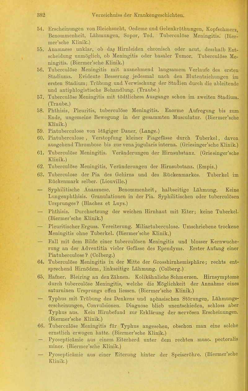 54. Erscheinungen von Bleichsucht, Oedeme und Gelenkröthungen, Kopfschmerz, Benommenheit, Lähmungen, Sopor, Tod. Tuherculöse Meningitis. (Bier- nier'sche Klinik.) 55. Anamnese unklar, ob dag Hirnleiden chronisch oder acut, desshaib Ent- scheidung unmöglich, ob Meningitis oder basaler Tumor. Tuberculöse Me- ningitis. (Biernier'sche Klinik.) 56. Tuberculöse Meningitis mit ausnehmend langsamem Verlaufe des ersten Stadiums. Evidente Besserung jedesmal nach den Blutentziehungen im ersten Stadium; Trübung und Verwischung der Stadien durch die ableitende und antiphlogistische Behandlung. (Traube.) 57. Tuberculöse Meningitis mit tödtlichem Ausgange schon im zweiten Stadium. (Traube.) 58. Phthisis, Pleuritis, tuberculöse Meningitis. Enorme Aufregung bis zum Ende, ungemeine Bewegung in der gesammten Musculatur. (Biernier'sche Klinik.) 59. Piatuberculose von 5tägiger Dauer. (Lange.) 60. Piatuberculose , Verstopfung kleiner Piagefässe durch Tuberkel, davon ausgehend Thrombose bis zur vena jugularis interna. (Griesinger'sche Klinik.) 61. Tuberculöse Meningitis. Veränderungen der Hirnsubstanz. (Griesinger'sche Klinik.) 62. Tuberculöse Meningitis, Veränderungen der Hirnsubstanz. (Empis.) 63. Tuberculöse der Pia des Gehirns und des Rückenmarkes. Tuberkel im Rückenmark selber. (Liouville.) — Syphilitische Anamnese. Benommenheit, halbseitige Lähmung. Keine Lungenphthisis. Granulationen in der Pia. Syphilitischen oder tuberculösen Ursprunges? (Blachez et Lwys.) — Phthisis. Durchsetzung der weichen Hirnhaut mit Eiter; keine Tuberkel. (Biermer'sche Klinik.) — Pleuritischer Erguss. Vereiterung. Miliartuberculose. Umschriebene trockene Meningitis ohne Tuberkel. (Biermer'sche Klinik.) — Fall mit dem Bilde einer tuberculösen Meningitis und blosser Kernwuche- rung au der Adventitia vieler Gefässe des Ependyms. Erster Anfang einer Piatuberculose ? (Colberg.) 64. Tuberculöse Meningitis in der Mitte der Grosshirnhemisphäre; rechts ent- sprechend Hirnödem, linkseitige Lähmung. (Colberg.) 65. Hafner. Bleiring an den Zähnen. Kolikähnliche Schmerzen. Hirnsymptome durch tuberculöse Meningitis, welche die Möglichkeit der Annahme eines saturninen Ursprungs offen Hessen. (Biermer'sche Klinik.) — Typhus mit Trübung des Denkens und aphasischen Störungen, Lähmungs- erscheinungen, Convulsionen. Diagnose blieb unentschieden, schloss aber Typhus aus. Kein Hirnbefund zur Erklärung der nervösen Erscheinungen. (Biermer'sche Klinik.) 66. Tuberculöse Meningitis für Typhus angesehen, obschon man eine solche ernstlich erwogen hatte. (Biermer'sche Klinik.) — Pyosepticämie aus einem Eiterherd unter dem rechten nvusc pectoralis minor. (Biermer'sche Klinik.) — Pyosepticämie aus einer Eiterung hinter der Speiseröhre. (Biermer'sche Klinik.)