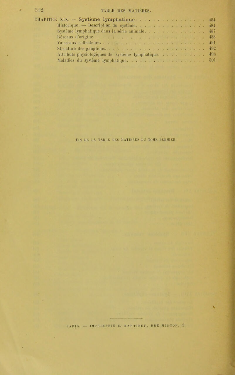 CHAPITRE XIX. - Système lymphatique iKi Historique. — Description du système ■ . -WH Système lymphatique dans la série animale 487 lîcscaux d'origine 188 Vaisseaux collecteurs. . . 'W1 Structure des ganglions 492 Attributs physiologiques du système lymphatique 498 Maladies du système lymphatique OUI K1N DE LA TABLE DES MATIÈRES DU TOME PREMIER. V