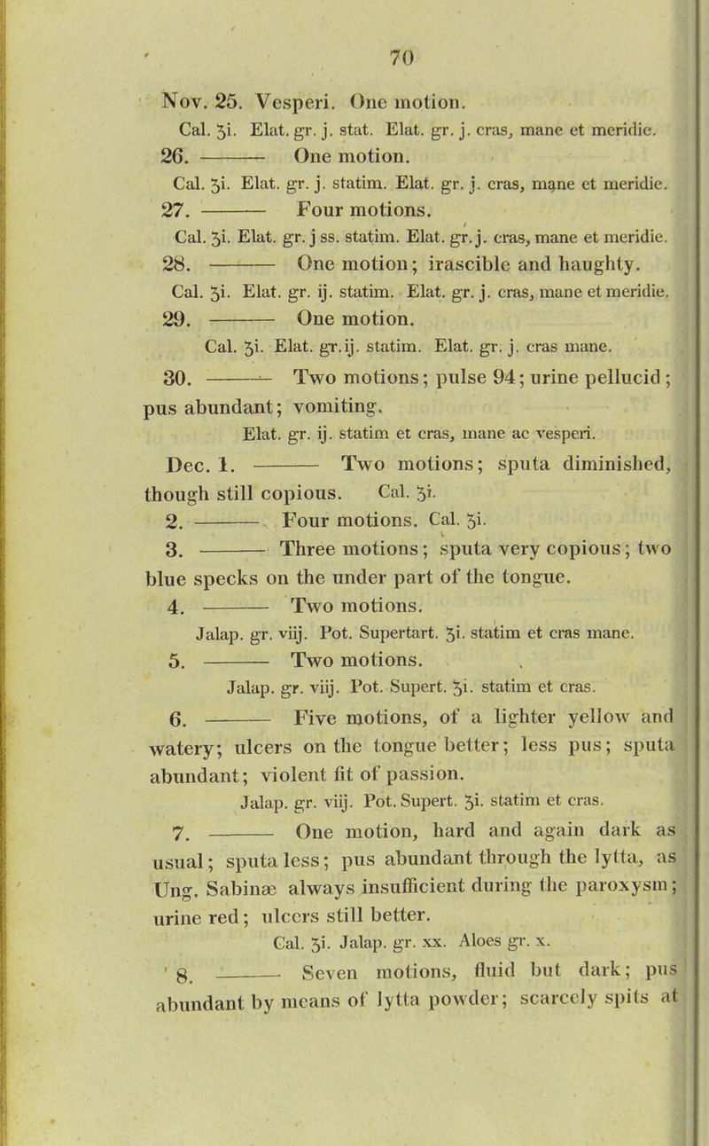 Nov. 25. Vesperi. One motion. Cal. 5i- Elat. gr. j. stat. Elat. gr. j. eras, mane et meridie. 26. One motion. Cal. 5i- Elat. gr. j. statim. Elat. gr. j. eras, mane et meridie. 27. Four motions. ; Cal. 5i- Elat. gr. j ss. statim. Elat. gr. j. eras, mane et meridie. 28. One motion; irascible and haughty. Cal. 5i- Elat. gr. ij. statim. Elat. gr. j. eras, mane et meridie. 29. One motion. Cal. 5^’ Elat, gr.ij. statim. Elat. gr. j. eras mane. 30. Two motions; pulse 94; urine pellucid ; pus abundant; vomiting. Elat. gr. ij. statim et eras, mane ac vesperi. Dec. 1. Two motions; sputa diminished, though still copious. Cal. 5i. 2. Four motions. Cal. 5i. k 3. Three motions; sputa very copious; two blue specks on the under part of the tongue. 4. Two motions. i € Jalap, gr. viij. Pot. Supertart. 5i- statim et eras mane. 5. Two motions. Jalap, gr. viij. Pot. Supert. Ji- statim et eras. 6. Five motions, of a lighter yellow and watery; ulcers on the tongue better; less pus; sputa abundant; violent, fit of passion. Jalap, gr. viij. Pot. Supert. 5i. statim et eras. 7. One motion, hard and again dark as usual; sputa less; pus abundant through the lytta, as ling. Sabinse always insufficient during the paroxysm; urine red; ulcers still better. Cal. 3i. Jalap, gr. xx. Aloes gr. x. ' g Seven motions, fluid but dark; pus abundant by means of lytta powder; scarcely spits at