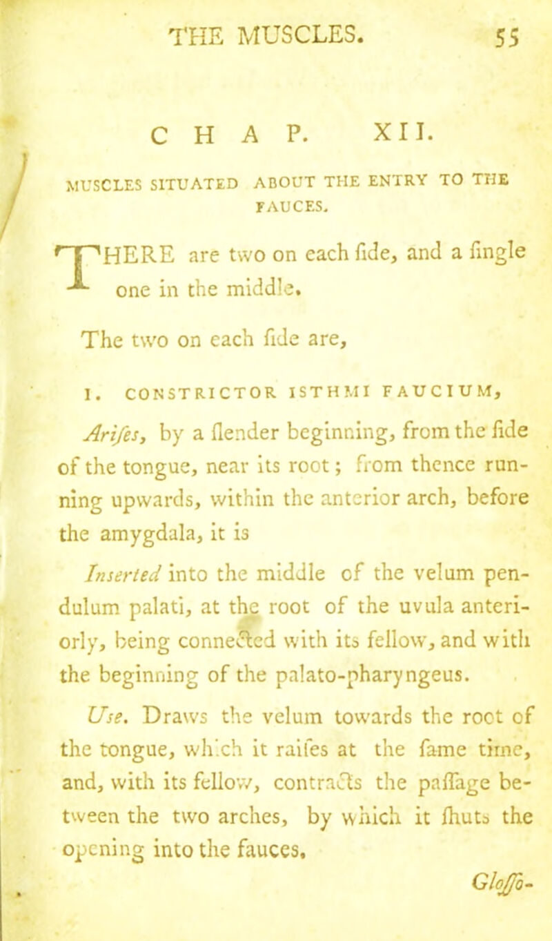 CHAP. XII. MUSCLES SITUATED ABOUT THE ENTRY TO THE FAUCES. r INHERE are two on each fide, and a fingle one in the middle. The two on each fide are, I. CONSTRICTOR ISTHMI FAUCIUM, Arifes, by a (lender beginning, from the fide of the tongue, near its root; from thence run- ning upwards, within the anterior arch, before the amygdala, it is Inserted into the middle of the velum pen- dulum palati, at the root of the uvula anteri- orly, being connected with its fellow, and with the beginning of the palato-pharyngeus. Use. Draws the velum towards the root of the tongue, which it raifes at the fame time, and, with its fellow, contracts the paflage be- tween the two arches, by which it Ihuta the opening into the fauces.