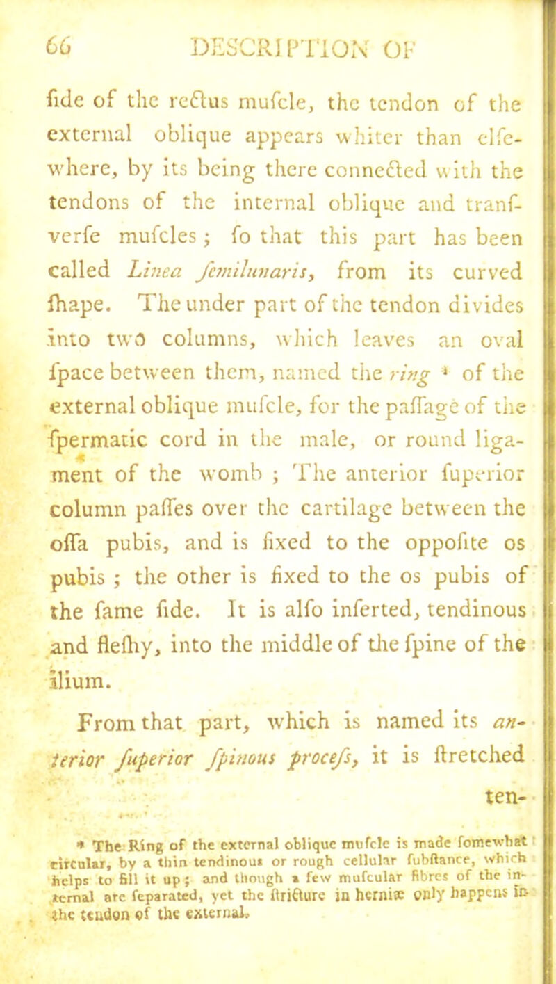 fide of the rcftus mufcle, the tendon of the external oblique appears whiter than elfe- where, by its being there connected with the tendons of the internal oblique and tranf- verfe mufcles; fo that this part has been called Linea femilunaris, from its curved fhape. The under part of the tendon divides .into two columns, which leaves an oval l'pace between them, named the ring 1 of the external oblique mufcle, for thepaflageof tiie fpermatic cord in the male, or round liga- ment of the womb ; The anterior fuperior column paffes over the cartilage between the olfa pubis, and is fixed to the oppofite os pubis ; the other is fixed to the os pubis of the fame fide. It is alfo inferted, tendinous and flefliy, into the middle of die fpine of the ilium. From that part, which is named its an- terior fuperior fpinous procefs, it is ftretched Cftf- ** ten- * . ++r. * * The Ring of the external oblique mufcle is made fomewhat circular, by a thin tendinous or rough cellular fubftance, which helps to fill it up; and though » few mufcular fibres of the in- Jemal are feparated, yet the ftri&ure in hernia: only happens in She tendon of the external.