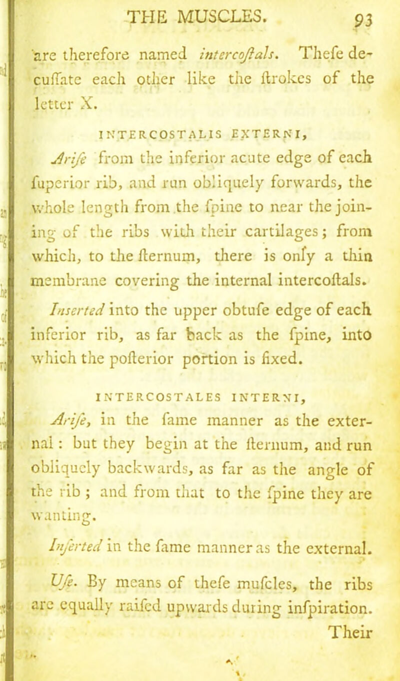 are therefore named interco/als. Thefe de- cuftate each other like the ftrokes of the ■ letter X. INTERCOST A LIS EXTERNI, Jr i/e from the inferior acute edge of each iuperior rib, and run obliquely forwards, the whole length from the fpine to near the join- ing of the ribs with their cartilages; from which, to the fternum, there is only a thin membrane covering the internal intercoftals. Inserted into the upper obtufe edge of each inferior rib, as far back as the fpine, into which the pofterior portion is fixed. INTERCOSTALES INTERXI, Arife, in the fame manner as the exter- nal : but they begin at the fternum, and run obliquely backwards, as far as the angle of the rib ; and from that to the fpine they are wanting. Injerted in the fame manner as the external. Vfe. By means of thefe mufcles, the ribs are equally raifed upwards during infpiration. Their