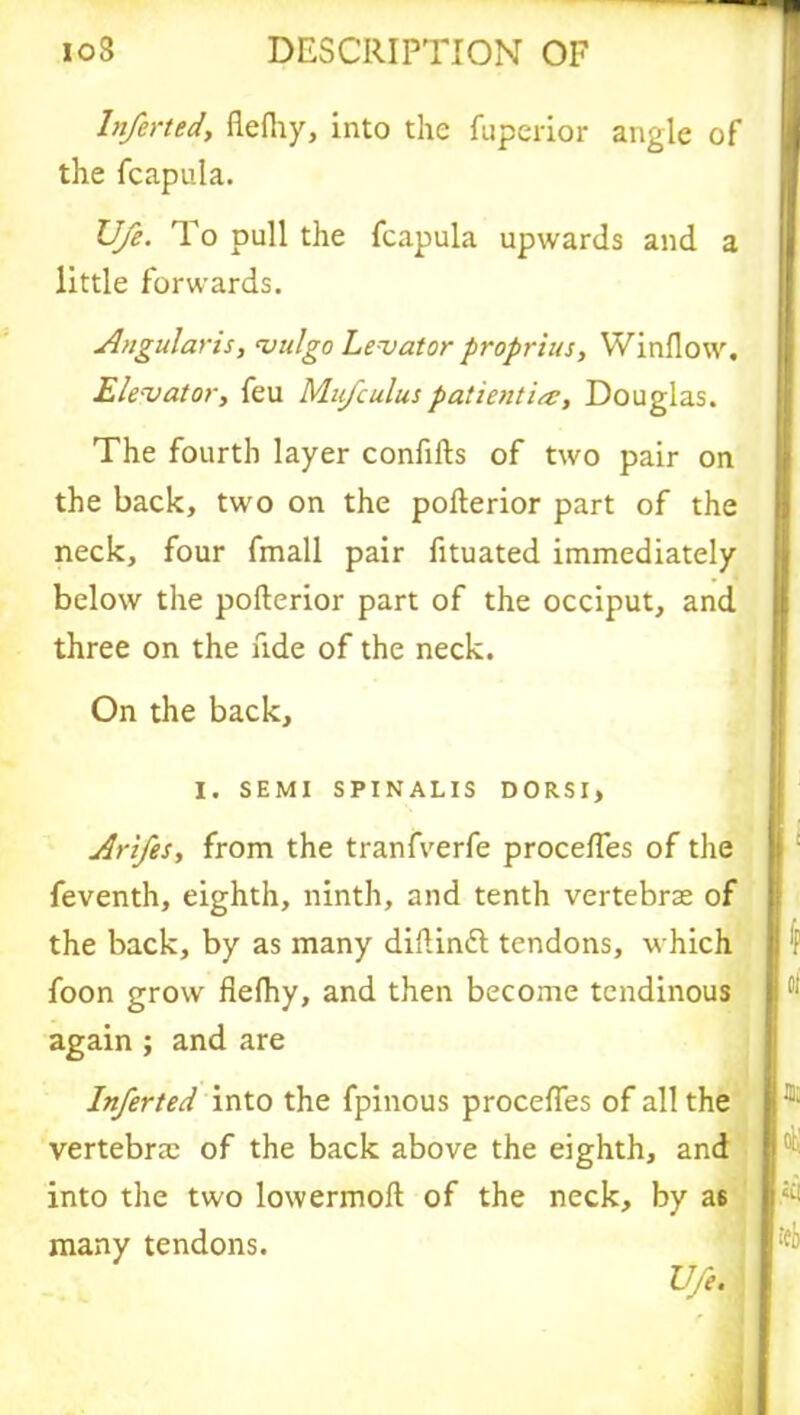 In/erted, flefhy, into the fuperior angle of the fcapula. XJ/e. To pull the fcapula upwards and a little forwards. Angularis, vulgo Levator proprius. Window. Elevator, feu Mufculus patientiae, Douglas. The fourth layer confifts of two pair on the back, two on the pofterior part of the neck, four fmall pair fituated immediately below the pofterior part of the occiput, and three on the fide of the neck. On the back, I. SEMI SPINALIS DORSI, Arifes, from the tranfverfe proceffes of the feventh, eighth, ninth, and tenth vertebrae of the back, by as many diftinft tendons, which • foon grow flefhy, and then become tendinous “ again ; and are Inferted into the fpinous proceffes of all the vertebrae of the back above the eighth, and into the two lowermoft of the neck, by as many tendons. U/e.