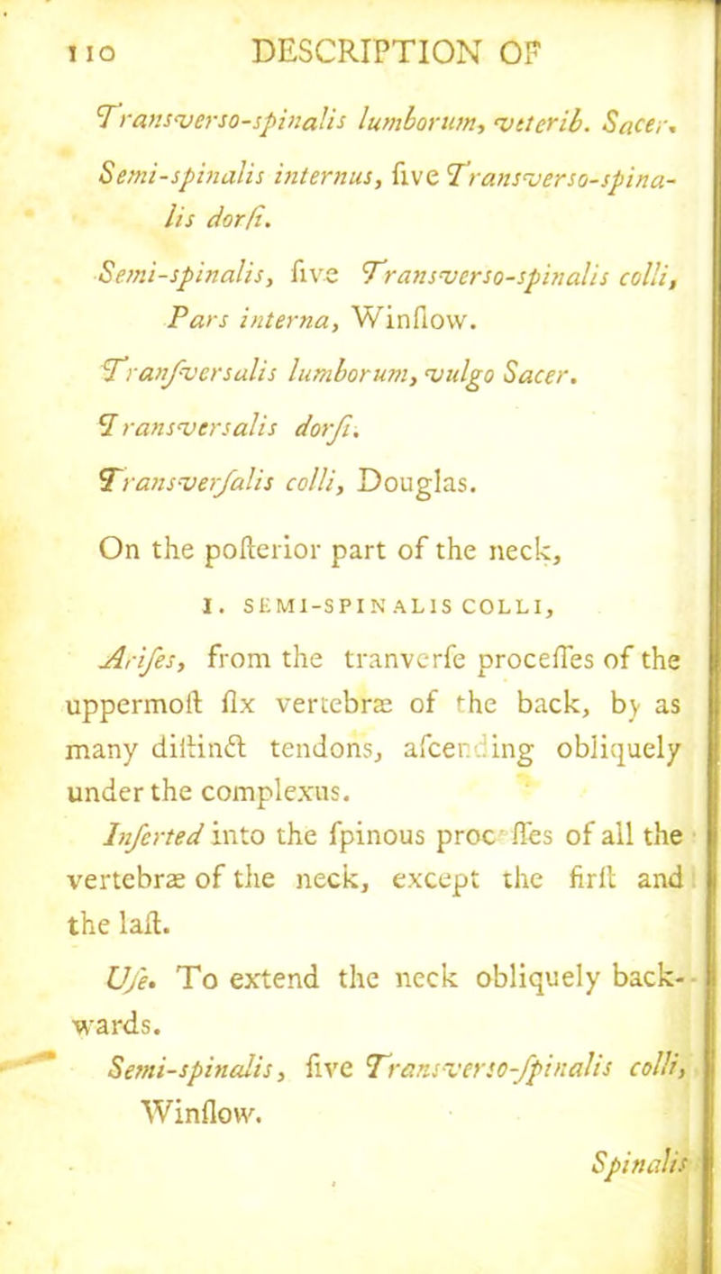 7 ransaser so-spinalis lumbornm, as tt crib. Sacer. Semi-spinalis internus, five Transfer so-spina- lis dor/i. Semi-spinalis, five Transferso-spinalis colli, Pars interna, Winfiovv. Tranfver sails lumborum, as id go Sacer. 7 ranswersalis dorfi. TTrasisv erf alis colli, Douglas. On the pofterior part of the neck, I. SEMI-SPIN ALIS COLLI, Arifes, from the tranverfe proceffes of the uppermoft fix vertebrae of the back, by as many diilinft tendons, alter ding obliquely under the complexes. Infcrted into the fpinous proc lies of all the vertebrae of the neck, except the firlt and the laft. Ufe. To extend the neck obliquely back- wards. Semi-spinalis, five 7“ransverso-fpinalis colli, Window. Spinalis
