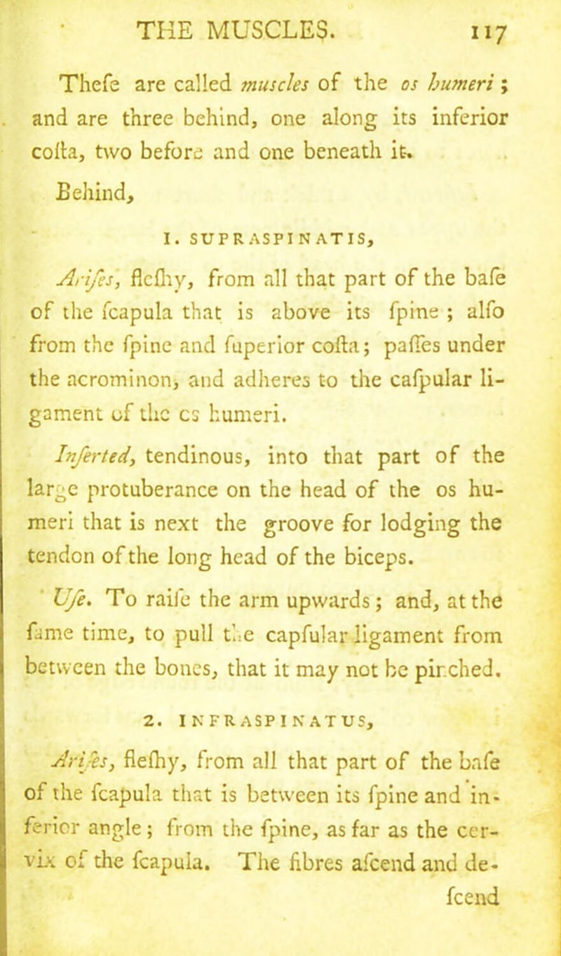 Thefe are called muscles of the os humeri; and are three behind, one along its inferior cofta, two before and one beneath it-. Behind, I. SUPRA SPIN A TIS, Ari/es, flcfhy, from all that part of the bafe of the fcapula that is above its fpine ; alfo from the fpine and fuperior cofta; paftes under the acrominon, and adheres to the cafpular li- gament of the cs humeri. Inferted, tendinous, into that part of the large protuberance on the head of the os hu- meri that is next the groove for lodging the tendon of the long head of the biceps. life. To raile the arm upwards; and, at the fame time, to pull the capfular ligament from between the bones, that it may not be pinched. 2. INFRASPINATUS, Ari/es, fiefhy, from all that part of the bafe of the fcapula that is between its fpine and in- ferior angle; from the fpine, as far as the cer- vix of the fcapula. The fibres alcend and de- feend