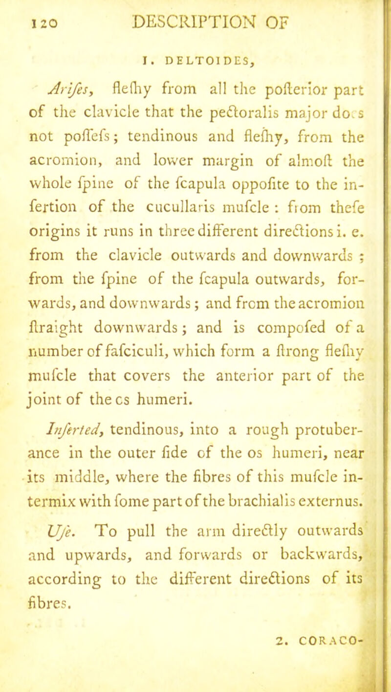I. DELTOIDES, Arifes, flefliy from all the poilerior part of the clavicle that the peftoralis major do. s not poffefs; tendinous and flefhy, from the acromion, and lower margin of almoft the whole fpine of the fcapula oppofite to the in- fertion of the cucullaris mufcle : fiom thefe origins it runs in three different directions i. e. from the clavicle outwards and downwards ; from the fpine of the fcapula outwards, for- wards, and downwards; and from the acromion flraight downwards; and is compofed of a number of fafciculi, which form a flrong flefliy mufcle that covers the anterior part of the joint of thecs humeri. Inferted, tendinous, into a rough protuber- ance in the outer fide of the os humeri, near its middle, where the fibres of this mufcle in- termix with fome part of the brachialis externus. Ufe. To pull the arm direCtly outwards and upwards, and forwards or backwards, according to the different directions of its fibres. 2. CORACO