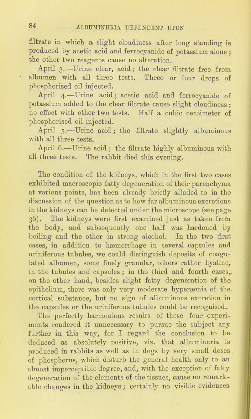 filtrate in which a slight cloudiness after long standing is produced by acetic acid and ferrocyanide of potassium alone ; the other two reagents cause no alteration. April 3.—Urine clear, acid; the clear filtrate free from albumen with all three tests. Three or four drops of phosphorised oil injected. April 4.—Urine acid; acetic acid and ferrocyanide of potassium added to the clear filtrate cause slight cloudiness; no effect with other two tests. Half a cubic centimeter of phosphorised oil injected. April 5.—Urine acid; the filtrate slightly albuminous with all three tests. April 6.—Urine acid ; the filtrate highly albuminous with all three tests. The rabbit died this evening. The condition of the kidneys, which in the first two cases exhibited macroscopic fatty degeneration of their parenchyma at various points, has been already briefly alluded to in the discussion of the question as to how far albuminous excretions in the kidneys can be detocted under the microscope (see page 36). The kidneys wero first examined just as taken from the body, and subsequently one half was hardened by boiling and the other in strong alcohol. In the two first cases, in addition to hsomorrhago in soveral capsules and uriniferous tubules, we could distinguish deposits of coagu- lated albumen, some finely granular, others rather hyaline, in the tubules and capsules; in the third and fourth cases,, on the other hand, besides slight fatty degeneration of the epithelium, there was only very moderate hyperemia of the cortical substance, but no sign of albuminous excretion in the capsules or the uriniferous tubules could be recognised- The perfectly harmonious results of these four experi- ments rendered it unnecessary to pursue the subject any further in this way, for I regard the conclusion to be deduced as absolutely positive, viz. that albuminuria is produced in rabbits as well as in dogs by very small doses, of phosphorus, which disturb the general health only to an almost imperceptible degree, and, with the exception of fatty degeneration of the elements of the tissues, cause no remark- able changes in the kidneys; certainly no visible evidences-