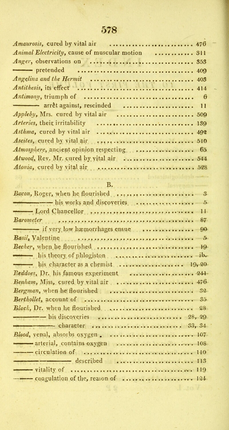 Amaurosisy cured by vital air 476 Animal Electriciti/f cause of muscular motion 311 A?igery observations on S53 ' pretended 409 Angdi7ia and the Hennit * 403 Antithesis, its effect .. 414 Antimony, triumph of 6 arr^t against, rescinded 11 Appleby, Mrs. cured by vital air 509 Arteries, theic irritability 139 Asthma, cured by vital air 492 Ascites, cured by vital air , 510 ^^w/o^jc/^er/?, ancient opinion respecting 65 Atwood, Rev. Mr. cured by vital air 544 Atonia, cured by vital air 528 B. Bacon, Roger, when he flourished 3 —— his works and discoveries 5 Lord Chancellor .r •• 11 Baro7neter 87 — if very,low haepiorrhages ensue 90 Ba^//, Valentine 5 JBec/^er, when he flourished 19 ■ ' his theory of phlogiston ib. ——— his character as a chemist 19» 20 Jleddoes, Y)v. his famous experiment * 244 Benham, cured by vital air 476 Bergman, when he flourished 32 Berthollet, account of 35 Black, Dr. when he flourished 28 ■ ' — his discoveries 28, 29 —— character S3, 34 Blood, venal, absoi bs oxygen , 107 arterial, contains oxygen 108 circulation of 110 ' ' described 113 — vitality of •.. 119 -—coagulation of the, reason of , 124
