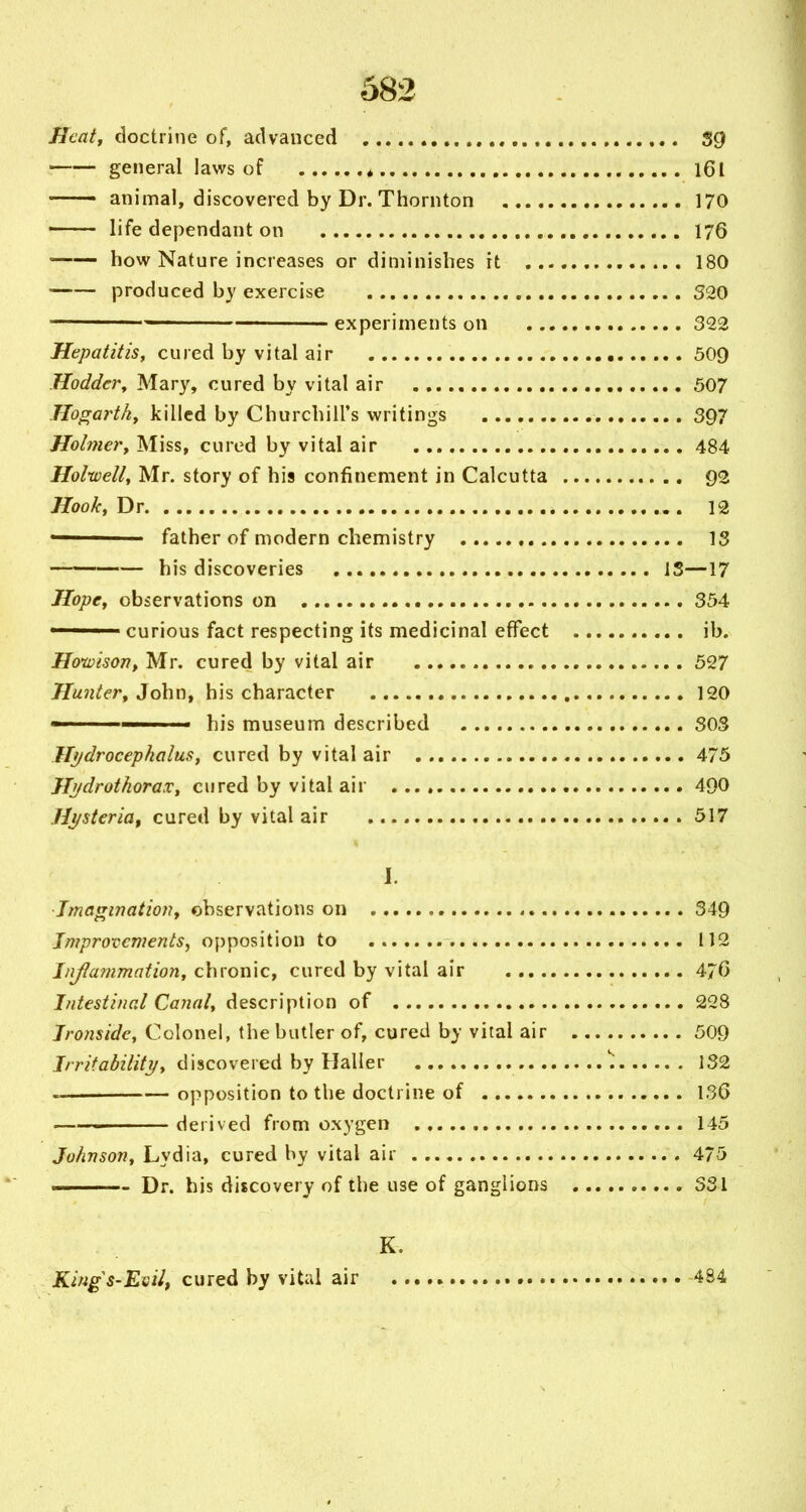 Hcatf doctrine of, advanced 39 general laws of * 161 — animal, discovered by Dr. Thornton 170 — life dependant on 176 how Nature increases or diminishes it 180 produced by exercise 320 experiments on 322 Hepatitis, cured by vital air 509 Hodder, Mary, cured by vital air , 507 Jlo^artky killed by Churchill's writings ., 397 Holmery Miss, cured by vital air 484 Holwell, Mr. story of his confinement in Calcutta 92 Hook, Dr 12 ' father of modern chemistry 13 his discoveries IS—17 Hope, observations on 354 ' ' curious fact respecting its medicinal effect ib. HotvisoHf Mr. cured by vital air 527 Hunter, John, his character 120 ————— his museum described 303 Hydrocephalus, cured by vital air 475 Hjjdrothorax, cured by vital air 490 Hysteria^ cured by vital air 517 ]. Tmatrinatioii, observations on 349 Improvements, opposition to 112 Jnjlammation, chronic, cured by vital air 470 Intestinal Canal, description of 228 Ironside, Colonel, the butler of, cured by vital air 509 JmVfir3z7/(y, discovered by Haller 132 opposition to the doctrine of 136 i derived from oxygen 145 Johnson, Lydia, cured by vital air 475 —— Dr. his discovery of the use of ganglions 331 K. Kings-Evil, cured by vital air 484