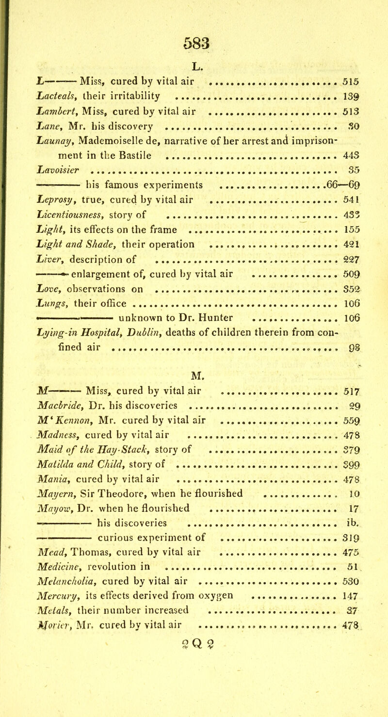 L. I/'- Miss, cured by vital air « 515 Lacteals, their irritability 139 Lambcrtf Miss, cured by vital air 513 Lancy Mr. bis discovery .^O Jjaunaify Mademoiselle de, narrative of her arrest and imprison- ment in the Bastile 443 Lavoisier 35 ' bis famous experiments 66—69 Leprosi/, true, cured by vital air 541 licentiousness t story of 435 Li^htf its effects on the frame 155 Light and Shade^ their operation ♦ p 421 Liver, description of 227 ■——enlargement of, cured by vital air 509 Love, observations on 352 Lungs, their office 106 unknown to Dr. Hunter 106 Lf/ing-in Hospital, Dublin, deaths of children therein from con- fined air 98 M. M——— Miss, cured by vital air 517 Macbride, Dr. his discoveries 29 M*Kemion, Mr. cured by vital air 559 Madness, cured by vital air , 478 Maid of the Hay-StacJc, story of , 379 Matilda and Child, story of 399 Mania, cured by vital air 478 Mayern, Sir Theodore, when he flourished , 10 Mayow, Dr. when he flourished , 17 —— his discoveries ib. curious experiment of 3J9 Mead, Thomas, cured by vital air 475 Medicine, revolution in 51. Melancholia, cured by vital air 530 Mercury, its effects derived from oxyf,en 147 Metals, their number increased 37 Moricr, Mr. cured by vital air 478
