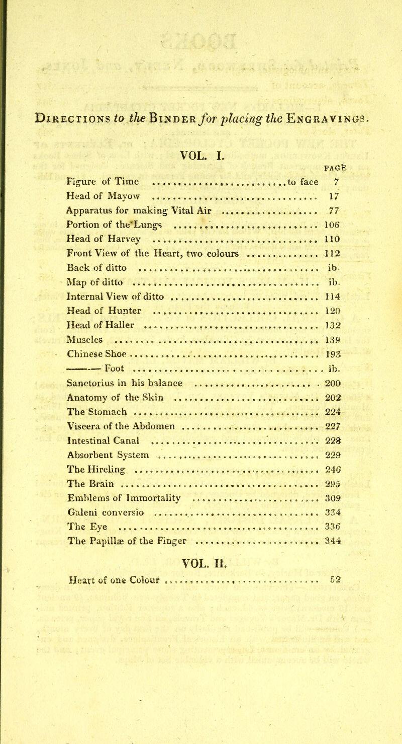 REcriONS to the BiNDER/or placing the Engravings VOL. I. PAGfe Figure of Time .to face 7 Head of Mayow 17 Apparatus for making Vital Air 77 Portion of the*Lungs 106' Head of Harvey 110 Front View of the Heart, two colours ., 112 Back of ditto ib. Map of ditto ib. Internal View of ditto 114 Head of Hunter 120 HeadofHaller 132 Muscles 139 Chinese Shoe 193 Foot ib- Sanctorius in his balance 200 Anatomy of the Skin 202 The Stomach 224 Viscera of the Abdomen 227 Intestinal Canal ' 228 Absorbent System .. .. , 229 The Hireling 24G The Brain = 295 Emblems of Immortality ,, .. 309 Galeni conversio ,....<,...,... 334 The Eye , 336 The Papillae of the Finger ,.... 344 VOL. IL Heart of on« Colour ^ = ^. 52