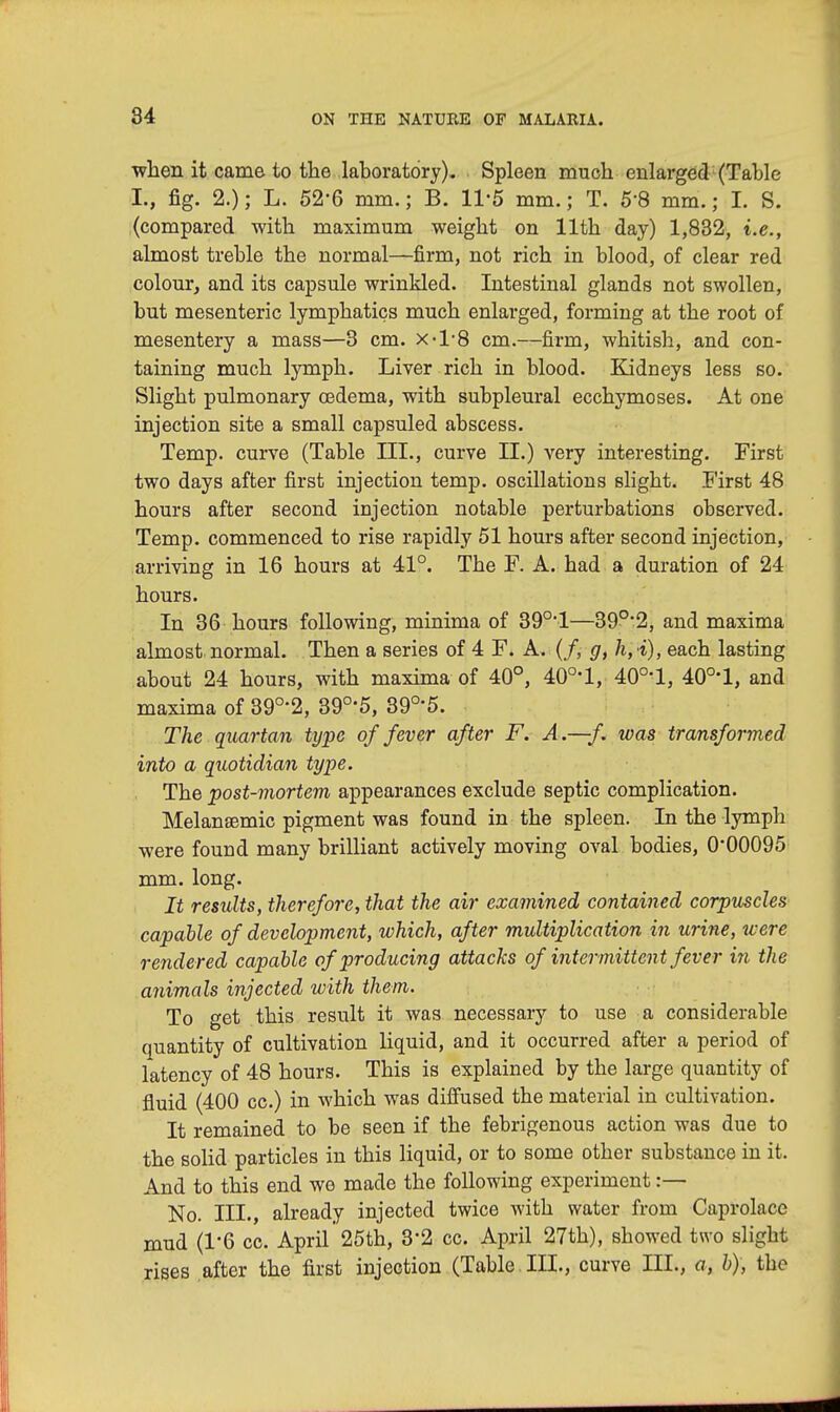 when it came to the laboratory). Spleen much enlarged (Table I., fig. 2.); L. 52-6 mm.; B. 11*5 mm.; T. 5'8 mm.; I. S. (compared with maximum weight on 11th day) 1,832, i.e., almost treble the normal—firm, not rich in blood, of clear red colour, and its capsule wrinkled. Intestinal glands not swollen, but mesenteric lymphatics much enlarged, forming at the root of mesentery a mass—3 cm. x-1-8 cm.—firm, whitish, and con- taining much lymph. Liver rich in blood. Kidneys less so. Slight pulmonary oedema, with subpleural ecchymoses. At one injection site a small capsuled abscess. Temp, curve (Table III., curve II.) very interesting. First two days after first injection temp, oscillations slight. First 48 hours after second injection notable perturbations observed. Temp, commenced to rise rapidly 51 hours after second injection, arriving in 16 hours at 41°. The F. A. had a duration of 24 hours. In 36 hours following, minima of 39°'l—39°'2, and maxima almost normal. Then a series of 4 F. A. (/, g, h,i), each lasting about 24 hours, with maxima of 40°, 40°'l, 40°-l, 40°'l, and maxima of 39°-2, 39°-5, 39°-5. The quartan type of fever after F. A.—/. was transformed into a quotidian type. The post-mortem appearances exclude septic complication. Melansemic pigment was found in the spleen. In the lymph were found many brilliant actively moving oval bodies, 0*00095 mm. long. It results, therefore, that the air examined contained corpuscles capable of development, which, after multiplication in urine, were rendered capable of producing attacks of intermittent fever in the animals injected with them. To get this result it was necessary to use a considerable quantity of cultivation liquid, and it occurred after a period of latency of 48 hours. This is explained by the large quantity of fluid (400 cc.) in which was diffused the material in cultivation. It remained to be seen if the febrigenous action was due to the solid particles in this liquid, or to some other substance in it. And to this end we made the following experiment:— No. III., already injected twice with water from Caprolace mud (1*6 cc. April 25th, 3'2 cc. April 27th), showed two slight rises after the first injection (Table III., curve III., a, b), the