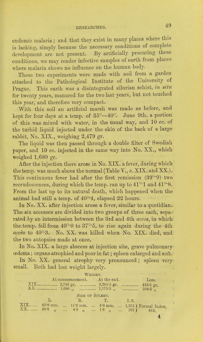 endemic malaria; and that they exist in many places where this is lacking, simply because the necessary conditions of complete development are not present. By artificially procuring these conditions, we may render infective samples of earth from places where malaria shows no influence on the human body. These two experiments were made with soil from a garden attached to the Pathological Institute of the University of Prague. This earth was a disintegrated silurian schist, in situ for twenty years, manured for the two last years, but not touched this year, and therefore very compact. With this soil an artificial marsh was made as before, and kept for four days at a temp, of 35°—40°. June 9th, a portion of this was mixed with water, in the usual way, and 10 cc. of the turbid liquid injected under the skin of the back of a large rabbit, No. XIX., weighing 2,479 gr. The liquid was then passed through a double filter of Swedish paper, and 10 cc. injected in the same way into No. XX., which weighed 1,680 gr. After the injection there arose in No. XIX. a fever, during which the temp, was much above the normal (Table V., c. XIX. and XX.). This continuous fever had after the first remission (39°'9) two recrudescences, during which the temp, ran up to 410,1 and 41°8. From the last up to its natural death, which happened when the animal had still a temp, of 40°*4, elapsed 22 hours. In No. XX. after injection arose a fever, similar to a quotidian. The six accesses are divided into two groups of three each, sepa- rated by an intermission between the 3rd and 4th acces, in which the.,temp. fell from 40o-0 to 370,5, to rise again during the 4th acces to 40o,3. No. XX. was killed when No. XIX. died, and the two autopsies made at once. In No. XIX. a large abscess at injection site, grave pulmonary oedema; organs atrophied and poor in fat; spleen enlarged and soft. In No. XX. general atrophy very pronounced; spleen very small. Both had lost weight largely. Weight. XIX XX. At commencement. .... 2,749 gr 1,680 „ At the end. 2,285-5 gr. 1,175-5 „ 463-5 gr. 504-5 „ Loss. XIX XX. L. C0-8 mm. 30-8 „ Size of Spleen. ' B. T. 11-2 mm. ... 4-0 mm. 4-8 „ ... 1-6 „ I.S. ... 1,261) Normal Index. ... 201/ 6G4. 4