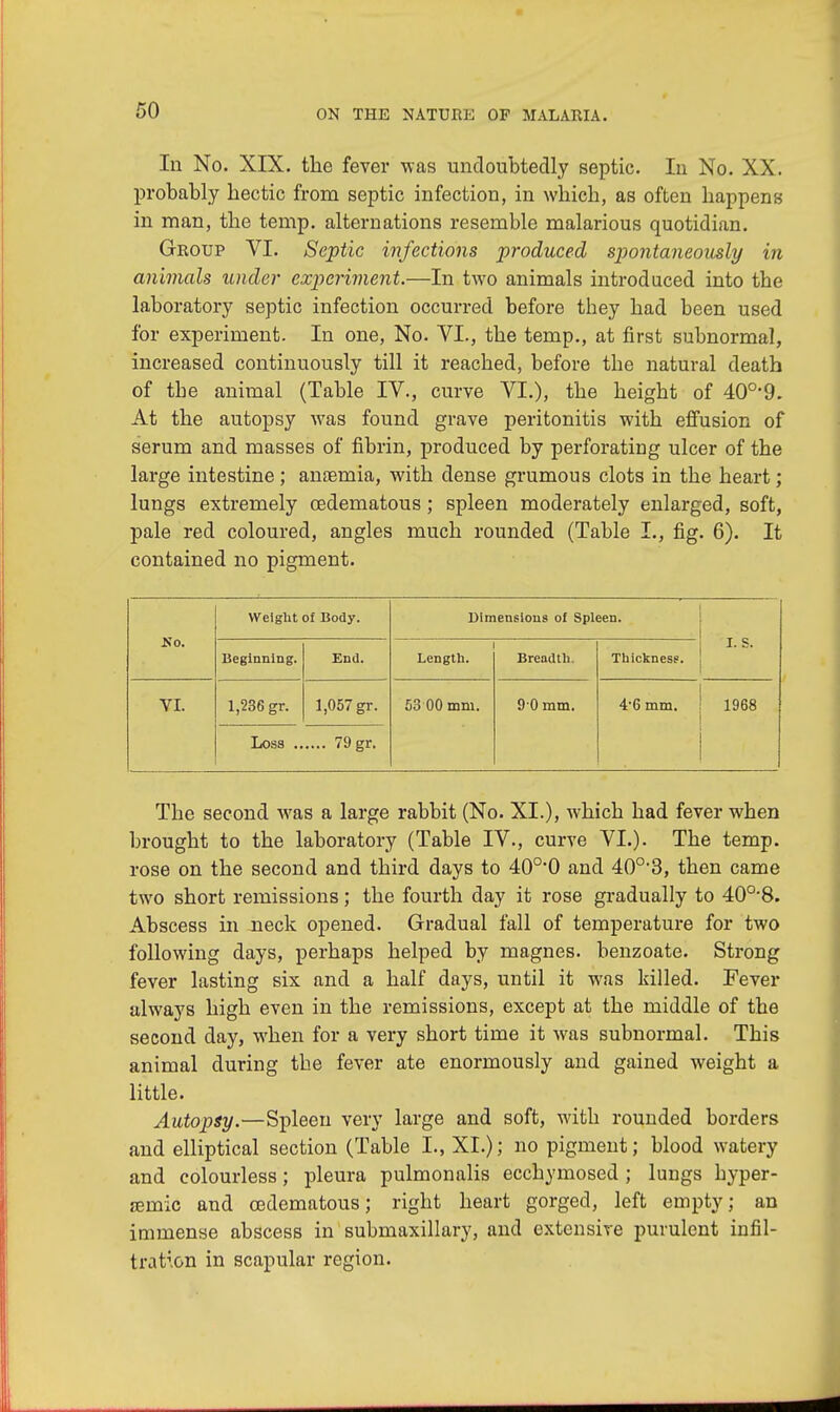 In No. XIX. the fever was undoubtedly septic. In No. XX. probably hectic from septic infection, in which, as often happens in man, the temp, alternations resemble malarious quotidian. Group VI. Septic infections produced spontaneously in animals under experiment.—In two animals introduced into the laboratory septic infection occurred before tbey had been used for experiment. In one, No. VI., the temp., at first subnormal, increased continuously till it reached, before tbe natural death of tbe animal (Table IV., curve VI.), the height of 40o>9. At the autopsy was found grave peritonitis with effusion of serum and masses of fibrin, produced by perforating ulcer of the large intestine; anaemia, with dense grumous clots in the heart; lungs extremely cedematous ; spleen moderately enlarged, soft, pale red coloured, angles much rounded (Table I., fig. 6). It contained no pigment. So. Weight of Body. Dimensions of Spleen. I. S. Beginning. End. Length. Breadth. Thickness. VI. 1,236 gr. 1,057 gr. .... 79 gr. 53 00 mm. 9 0 mm. 4-6 mm. 1968 The second was a large rabbit (No. XL), which had fever when brought to the laboratory (Table IV., curve VI.). The temp, rose on the second and third days to 40o,0 and 40o,3, then came two short remissions; the fourth day it rose gradually to 40°-8. Abscess in neck opened. Gradual fall of temperature for two following days, perhaps helped by magnes. benzoate. Strong fever lasting six and a half days, until it was killed. Fever always high even in the remissions, except at the middle of the second day, when for a very short time it was subnormal. This animal during tbe fever ate enormously and gained weight a little. Autopsy.—Spleen very large and soft, with rounded borders and elliptical section (Table I., XL); no pigment; blood watery and colourless; pleura pulmonalis ecchymosed ; lungs byper- jEinic and cedematous; right heart gorged, left empty; an immense abscess in submaxillary, and extensive purulent infil- tration in scapular region.