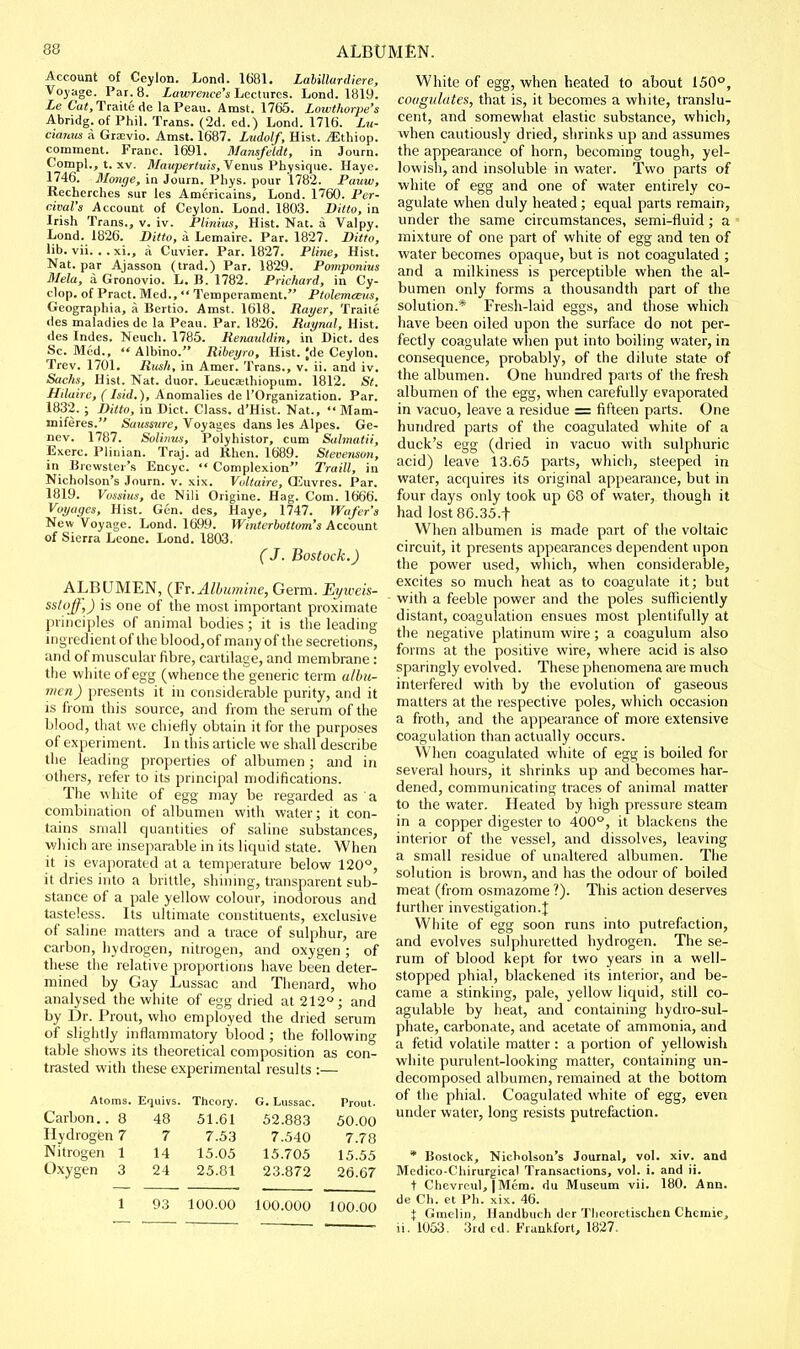 Account of Ceylon. Lond. 1681. Lahillurdiere, Voy age. Par. 8. Lawrence's Lectures. Lond. 1819. Le Ca<, Traitede la Peau. Arast. 1765. Lowthorpe's Abridg. of Phil. Trans. (2d. cd.) Lond. 1716. Lu- cianus a Gra;vio. Amst. 1687. Litdolf, Hist. jEthiop. comment. Franc. 1691. Mansfeldt, in Journ. Compl., t. XV. il/ai;/ier(«;s,A'^enus Physique. Haye. 1746. Monge, in Journ. Phys. pour 1782. Pauw, Rechcrches sur les Americains, Lond. 1760. Per- oival's Account of Ceylon. Lond. 1803. Ditto, in Irish Trans., v. iv. Pliniiis, Hist. Nat. a Valpy. Lond. 1826. Ditto, a Lemaire. Par. 1827. Ditto, lib. vii. . . xi., a Cuvier. Par. 1827. Pline, Hist. Nat. par Ajasson (trad.) Par. 1829. Pomponim Mela, a Gronovio. L. B. 1782. Prichard, in Cy- clop, of Pract. Med.,  Temperament. PtolemceKs, Geographia, a Bertio. Amst. 1618. Rayer, Traite des maladies do la Peau. Par. 1826. Raynal, Hist, des Indes. Neuch. 1785. Renauldin, in Diet, des Sc. Med., Albino. Ribeyro, Hist. Jde Ceylon. Trev. 1701. Rush, in Amet. Trans., v. ii. and iv. Sachs, Hist. Nat. duor. Leucasthiopum. 1812. St. Hilaire, (Isid.), Anomalies de I'Organization. Par. 1832. ; Ditto, in Diet. Class. d'Hist. Nat., Mam- miferes. Saussure, Voyages dans les Alpes. Ge- nev. 1787. Solinus, Polyhistor, cum Salmatii, Exerc. Plinian. Traj. ad Rhen. 1689. Stevenson, in Brewster's Encyc.  Complexion Traill, in Nicholson's Journ. v. xix. Voltaire, Oiluvres. Par. 1819. Vussius, de Nili Origine. Hag. Com. 1666. Voyages, Hist. Gen. des, Haye, 1747. Wafer's New Voyage. Lond. 1699. Winterhottom's Account of Sierra Leone. Lond. 1803. (J. Bostock.) ALBUMEN, {Fr.Albumine, Germ. Ei/iceis- ssloff,) is one of the most important proximate principles of animal bodies ; it is tlie leading- ingredient of the blood, of many of the secretions, and of muscular fibre, cartilage, and membrane : the white of egg (whence the generic term albu- men) presents it in considerable purity, and it is from this source, and from the serum of the blood, that we chiefly obtain it for the purposes of experiment. In this article we shall describe the leading properties of albumen; and in others, refer to its principal modifications. The white of egg may be regarded as a combination of albumen with water; it con- tains small quantities of saline substances, v;hich are inseparable in its liquid state. When it is evaporated at a temperature below 120°, it dries into a brittle, shining, transparent sub- stance of a pale yellow colour, inodorous and tasteless. Its ultimate constituents, exclusive of saline matters and a trace of sulphur, are carbon, hydrogen, nitrogen, and oxygen ; of these the relative proportions have been deter- mined by Gay Lussac and Tlienard, who analysed the white of egg dried at 212°; and by Dr. Prout, who employed the dried serum of slightly inflammatory blood ; the following table shows its theoretical composition as con- trasted with these experimental results :— Atoms. Equivs. Theory. G. Lussac. Prout. Carbon.. 8 48 51.61 52.883 50.00 Hydrogfen 7 7 7.53 7.540 7.78 Nitrogen 1 14 15.05 15.705 15.55 Oxygen 3 24 25.81 23.872 26.67 93 100.00 100.000 100.00 White of egg, when heated to about 150°, coagulates, that is, it becomes a white, translu- cent, and somewliat elastic substance, which, when cautiously dried, shrinks up and assumes the appearance of horn, becoming tough, yel- lowish, and insoluble in water. Two parts of white of egg and one of water entirely co- agulate when duly heated ; equal parts remain, under the same circumstances, semi-fluid; a mixture of one part of white of egg and ten of water becomes opaque, but is not coagulated ; and a milkiness is perceptible when the al- bumen only forms a thousandth part of the solution.* Fresh-laid eggs, and those which have been oiled upon the surface do not per- fectly coagulate when put into boiling water, in consequence, probably, of the dilute state of the albumen. One hundred parts of the fresh albumen of the egg, when carefully evaporated in vacuo, leave a residue = fifteen parts. One hundred parts of the coagulated white of a duck's egg (dried in vacuo with sulphuric acid) leave 13.65 parts, which, steeped in water, acquires its original appearance, but in four days only took up 68 of water, though it had lost86.35.t When albumen is made part of the voltaic circuit, it presents appearances dependent upon the power used, which, when considerable, excites so much heat as to coagulate it; but with a feeble power and the poles sufficiently distant, coagulation ensues most plentifully at the negative platinum wire ; a coagulum also forms at the positive wire, where acid is also sparingly evolved. These phenomena are much interfered with by the evolution of gaseous matters at the respective poles, which occasion a froth, and the appearance of more extensive coagulation than actually occurs. When coagulated white of egg is boiled for several hours, it shrinks up and becomes har- dened, communicating traces of animal matter to the water. Heated by high pressure steam in a copper digester to 400°, it blackens the interior of the vessel, and dissolves, leaving a small residue of unaltered albumen. The solution is brown, and has the odour of boiled meat (from osmazome ?). This action deserves further investigation.! White of egg soon runs into putrefaction, and evolves sulphuretted hydrogen. The se- rum of blood kept for two years in a well- stopped phial, blackened its interior, and be- came a stinking, pale, yellow liquid, still co- agulable by heat, and containing hydro-sul- phate, carbonate, and acetate of ammonia, and a fetid volatile matter: a portion of yellowish white purulent-looking matter, containing un- decomposed albumen, remained at the bottom of the phial. Coagulated white of egg, even under water, long resists putrefaction. * Bostock, Nicholson's Journal, vol. xiv. and Medico-Chirurgical Transactions, vol. i. and ii. t Chevreul, |Mem, du Museum vii. 180. Ann. de Ch. et Ph. xix. 46. i Gmclin, Handbuch dcr Tlicoretischen Chemie, ii. 1063. 3rd cd. Fraukfort, 1827.