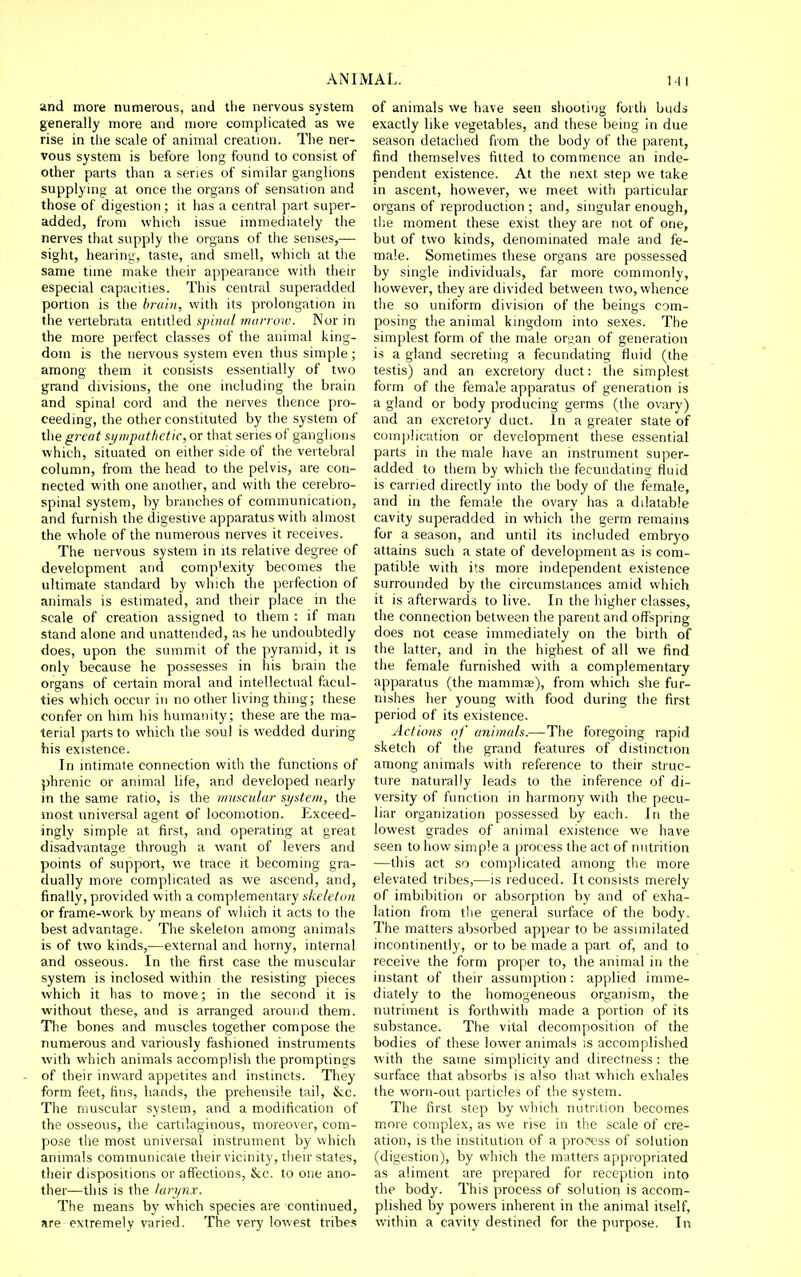 and more numerous, and the nervous system generally more and more complicated as we rise in the scale of animal creation. Tlie ner- vous system is before long found to consist of other parts than a series of similar ganglions supplying at once the organs of sensation and those of digestion ; it has a central part super- added, from which issue immediately the nerves that supply the organs of the senses,— sight, hearing, taste, and smell, which at the same time make their appearance with their especial capacities. This central superadded portion is the b?-am, with its prolongation in the vertebrata entitled spinal murrow. Nor in the more perfect classes of the animal king- dom is the nervous system even thus simple; among them it consists essentially of two grand divisions, the one including the brain and spinal cord and the nerves thence pro- ceeding, the other constituted by the system of the great sympathetic, or that series of ganglions which, situated on either side of the vertebral column, from the head to the pelvis, are con- nected with one another, and with the cerebro- spinal system, by branches of communication, and furnish the digestive apparatus with almost the whole of the numerous nerves it receives. The nervous system in its relative degree of development and complexity becomes the ultimate standard by which the perfection of animals is estimated, and their place m the scale of creation assigned to them : if man stand alone and unattended, as he undoubtedly does, upon the summit of the pyramid, it is only because he possesses in his brain the organs of certain moral and intellectual facul- ties which occur in no other living thing; these confer on him his humanity; these are the ma- terial parts to which the soul is wedded during his existence. In intimate connection with the functions of phrenic or animal life, and developed nearly m the same ratio, is the muscular si/stem, the most universal agent of locomotion. Exceed- ingly simple at first, and operating at great disadvantage through a want of levers and points of support, we trace it becoming gra- dually more complicated as we ascend, and, finally, provided with a complementary skeleton or frame-work by means of which it acts to the best advantage. The skeleton among animals is of two kinds,—external and horny, internal and osseous. In the first case the muscular system is inclosed within the resisting pieces which it has to move; in the second it is without these, and is arranged around them. The bones and muscles together compose the numerous and variously fashioned instruments with which animals accomplish the promptings of their inward appetites and instincts. They form feet, fins, hands, the prehensile tail, &;c. The muscular system, and a modification of the osseous, the cartilaginous, moreover, com- pose the most universal instrument by which animals communicate their vicinity, their states, their dispositions or affections, &c. to one ano- ther-—this is the larynx. The means by which species are continued, are extremely varied. The very lowest tribes of animals we have seen shooting forth buds exactly like vegetables, and these being in due season detached from the body of the parent, find themselves fitted to commence an inde- pendent existence. At the next step we take in ascent, however, we meet with particular organs of reproduction ; and, singular enough, tlie moment these exist they are not of one, but of two kinds, denominated male and fe- male. Sometimes these organs are possessed by single individuals, far more commonly, however, they are divided between two, whence the so uniform division of the beings com- posing the animal kingdom into sexes. The simplest form of the male organ of generation is a gland secreting a fecundating fluid (the testis) and an excretory duct: the simplest form of the female apparatus of generation is a gland or body producing germs (the ovary) and an excretory duct. In a greater state of complication or development these essential parts in the male have an instrument super- added to them by which the fecundating fluid is carried directly into the body of the female, and in the female the ovary has a dilatable cavity superadded in which the germ remains for a season, and until its included embryo attains such a state of development as is com- patible with its more independent existence surrounded by the circumstances amid which it is afterwards to live. In the higher classes, the connection between the parent and offspring does rvot cease immediately on the birth of the latter, and in the highest of all we find the female furnished with a complementary apparatus (the mammse), from which she fur- nishes her young with food during the first period of its existence. Actions of animals.—The foregoing rapid sketch of the grand features of distinction among animals with reference to their struc- ture naturally leads to the inference of di- versity of function in harmony with the pecu- liar organization possessed by each. In the lowest grades of animal existence we have seen to how simple a process the act of nutrition —this act so complicated among the more elevated tribes,—is reduced. It consists merely of imbibition or absorption by and of exha- lation from the general surface of the body. The matters absorbed appear to be assimilated incontinently, or to be made a part of, and to receive the form proper to, the animal in the instant of their assumption: applied imme- diately to the homogeneous organism, the nutriment is forthwith made a portion of its substance. The vital decomposition of the bodies of these lower animals is accomplished with the same simplicity and directness : the surface that absorbs is also that which exhales the worn-out particles of the system. The first step by which nutrition becomes more complex, as we rise in the scale of cre- ation, is the institution of a process of solution (digestion), by which the matters appropriated as aliment are prepared for reception into the body. This process of solutioii is accom- plished by powers inherent in the animal itself, within a cavity destined for the purpose. In