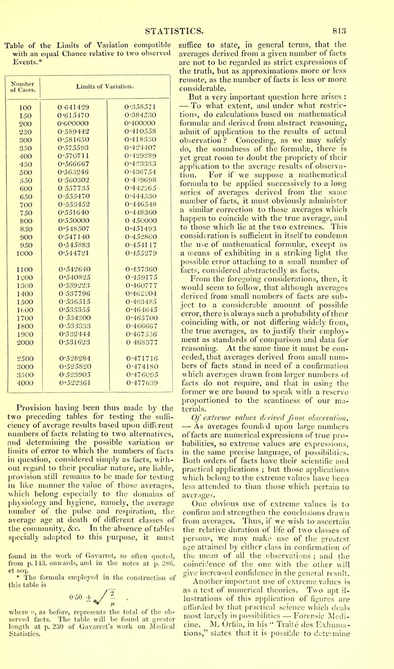 Table of the Limits of Variation compatible with an equal Chance relative to two observed Events.* Number of Cases. Limits of Variation. 100 0641429 0-358571 150 0-615470 0-384530 200 0600000 0-400000 250 0-589442 0-410558 300 0-581650 0-418350 350 0-575593 0-424407 400 0-570711 0-429289 450 0-566667 0-423333 500 0-563246 0-436754 550 0-560302 0 4 .9698 600 0 557735 0-442265 650 0-555470 0-444530 700 0-553452 0-446548 750 0-551640 0-448360 800 0-550000 0 450000 850 0-548507 0-451493 900 0-5471 10 0-452860 950 0-545883 0-4541 17 1000 0-544721 0-455279 1100 0-542640 0-457360 1200 0-540825 0-459175 1300 0-539223 0-46077 7 1400 0 537796 0-462204 1500 0-536515 0-463485 1600 0-535355 0-464645 1700 0-534300 0-465700 1800 0-533333 0 466667 1900 0-532444 0-467556 2000 0-531623 0 468377 2500 0-528284 0-471716 3000 0-525820 0-474180 3500 0-523905 0-476095 4000 0-522361 0-477639 Provision having been thus made by the two preceding tables for testing the suffi- ciency of average results based upon diffe rent numbers of facts relating to two alternatives, and determining the possible variation or limits of error to which the numbers of facts in question, considered simply as facts, with- out regard to their peculiar nature, are liable, provision still remains to be made for testing in like manner the value of those averages, which belong especially to the domains of ph) siology and hygiene, namely, the average number of the pulse and respiration, the average age at death of different classes of the community, &c. In the absence of tables specially adapted to this purpose, it must found in the work of Gavarret, so often quoted, from p. 143. onwards, and in the notes at p. 28G. et seq. * The formula employed in the construction of this table is where , as before, represents the total of the ob- served facts. The table will be found at greater length at p. 230 of Gavarret's work on Medical Statistics. suffice to state, in general terms, that the averages derived from a given number of facts are not to be regarded as strict expressions of the truth, but as approximations more or less remote, as the number of facts is less or more considerable. But a very important question here arises : — To what extent, and under what restric- tions, do calculations based on mathematical formula; and derived from abstract reasoning, admit of application to the results of actual observation ? Conceding, as we may safely do, the soundness of the formula?, there is yet great room to doubt the propriety of then- application to the average results of observa- tion. For if we suppose a mathematical formula to be applied successively to a long series of averages derived from the same number of facts, it must obviously administer a similar correction to those averages which happen to coincide with the true average, and to those which lie at the two extremes. This consideration is sufficient in itself to condemn the use of mathematical formula;, except as a means of exhibiting in a striking light the possible error attaching to a small number of facts, considered abstractedly as facts. From the foregoing considerations, then, it would seem to follow, that although averages derived from small numbers of facts are sub- ject to a considerable amount of possible error, there is always such a probability of their coinciding with, or not differing widely from, the true averages, as to justify their employ- ment as standards of comparison and data for reasoning. At the same time it must be con- ceded, that averages derived from small num- bers of facts stand in need of a confirmation which averages drawn from larger numbers of facts do not require, and that in using the former we are bound to speak with a reserve proportioned to the scantiness of our ma- terials. Of extreme values derived from observation. ■— As averages founded upon large numbers of facts are numerical expressions of true pro- babilities, so extreme values are expressions, in the same precise language, of possibilities. Both orders of facts have their scientific ami practical applications ; but those applications which belong to the extreme values have been less attended to than those which pertain to averages. One obvious use of extreme values is to confirm and strengthen the conclusions drawn from averages. Thus, if we wish to ascertain the relative duration of life of two classes of persons, we may make use of the greatest age attained by either class in confirmation of the mean of all the observations ; ami the coincidence of the one with the other will give increased confidence in the general result. Another important use of extreme values is as a test of numerical theories. Two apt il- lustrations of this application of figures are afforded by that practical science which deals most largely in possibilities — Forensic Medi- cine. M. Orfila, in his  Traile des Exhuma- tions, states that it is possible to determine