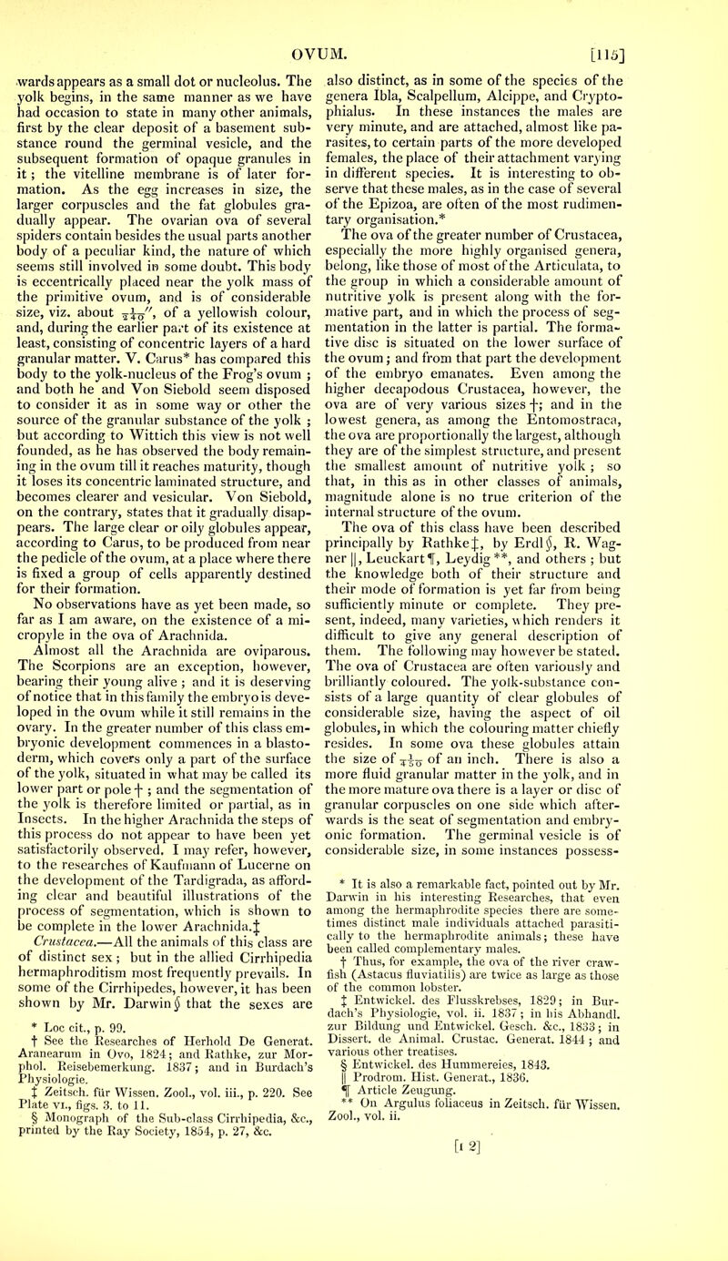 wards appears as a small dot or nucleolus. The yolk begins, in the same manner as we have had occasion to state in many other animals, first by the clear deposit of a basement sub- stance round the germinal vesicle, and the subsequent formation of opaque granules in it; the vitelline membrane is of later for- mation. As the egg increases in size, the larger corpuscles and the fat globules gra- dually appear. The ovarian ova of several spiders contain besides the usual parts another body of a peculiar kind, the nature of which seems still involved in some doubt. This body is eccentrically placed near the yolk mass of the primitive ovum, and is of considerable size, viz. about 5y, of a yellowish colour, and, during the earlier part of its existence at least, consisting of concentric layers of a hard granular matter. V. Cams* has compared this body to the yolk-nucleus of the Frog's ovum ; and both he and Von Siebold seem disposed to consider it as in some way or other the source of the granular substance of the yolk ; but according to Wittich this view is not well founded, as he has observed the body remain- ing in the ovum till it reaches maturity, though it loses its concentric laminated structure, and becomes clearer and vesicular. Von Siebold, on the contrary, states that it gradually disap- pears. The large clear or oily globules appear, according to Cams, to be produced from near the pedicle of the ovum, at a place where there is fixed a group of cells apparently destined for their formation. No observations have as yet been made, so far as I am aware, on the existence of a mi- cropyle in the ova of Arachnida. Almost all the Arachnida are oviparous. The Scorpions are an exception, however, bearing their young alive ; and it is deserving of notice that in this family the embryo is deve- loped in the ovum while it still remains in the ovary. In the greater number of this class em- bryonic development commences in a blasto- derm, which covers only a part of the surface of the yolk, situated in what may be called its lower part or pole f ; and the segmentation of the yolk is therefore limited or partial, as in Insects. In the higher Arachnida the steps of this process do not appear to have been yet satisfactorily observed. I may refer, however, to the researches of Kaufmann of Lucerne on the development of the Tardigrada, as afford- ing clear and beautiful illustrations of the process of segmentation, which is shown to be complete in the lower Arachnida.t Crustacea.—All the animals of this class are of distinct sex; but in the allied Cirrhipedia hermaphroditism most frequently prevails. In some of the Cirrhipedes, however, it has been shown by Mr. Darwin § that the sexes are * Loc cit., p. 99. ■f See the Researches of Herhohl De Generat. Aranearum in Ovo, 1824; and Rathke, zur Mor- phol. Reiseberaerkung. 1837; and in Burdach's Physiologie. % Zeitsch. fur Wissen. Zool., vol. iii., p. 220. See Plate vi., figs. 3. to 11. § Monograph of the Sub-class Cirrhipedia, &c, printed by the Ray Society, 1854, p. 27, &c. also distinct, as in some of the species of the genera Ibla, Scalpellum, Alcippe, and Crypto- phialus. In these instances the males are very minute, and are attached, almost like pa- rasites, to certain parts of the more developed females, the place of their attachment varying in different species. It is interesting to ob- serve that these males, as in the case of several of the Epizoa, are often of the most rudimen- tary organisation.* The ova of the greater number of Crustacea, especially the more highly organised genera, belong, like those of most of the Articulata, to the group in which a considerable amount of nutritive yolk is present along with the for- mative part, and in which the process of seg- mentation in the latter is partial. The forma- tive disc is situated on the lower surface of the ovum; and from that part the development of the embryo emanates. Even among the higher decapodous Crustacea, however, the ova are of very various sizes \; and in the lowest genera, as among the Entomostraca, the ova are proportionally the largest, although they are of the simplest structure, and present the smallest amount of nutritive yolk ; so that, in this as in other classes of animals, magnitude alone is no true criterion of the internal structure of the ovum. The ova of this class have been described principally by Rathke%, by Erdl$, R. Wag- ner ||, LeuckartH, Leydig **, and others ; but the knowledge both of their structure and their mode of formation is yet far from being sufficiently minute or complete. They pre- sent, indeed, many varieties, which renders it difficult to give any general description of them. The following may however be stated. The ova of Crustacea are often variously and brilliantly coloured. The yolk-substance con- sists of a large quantity of clear globules of considerable size, having the aspect of oil globules, in which the colouring matter chiefly resides. In some ova these globules attain the size of of an inch. There is also a more fluid granular matter in the yolk, and in the more mature ova there is a layer or disc of granular corpuscles on one side which after- wards is the seat of segmentation and embry- onic formation. The germinal vesicle is of considerable size, in some instances possess- * It is also a remarkable fact, pointed out by Mr. Darwin in his interesting Researches, that even among the hermaphrodite species there are some- times distinct male individuals attached parasiti- cally to the hermaphrodite animals; these have been called complementary males. f Thus, for example, the ova of the river craw- fish (Astacus fluviatilis) are twice as large as those of the common lobster. J Entwickel. des Flusskrebses, 1829; in Bur- dach's Physiologie, vol. ii. 1837 ; in his Abhandl. zur Bildung und Entwickel. Gesch. &c, 1833; in Dissert, de Animal. Crustac. Generat. 1844 ; and various other treatises. § Entwickel. des Hummereies, 1843. || Prodrom. Hist. Generat., 183G. *|f Article Zeugung. ** On Argulus foliaceus in Zeitsch. fur Wissen. Zool., vol. ii.
