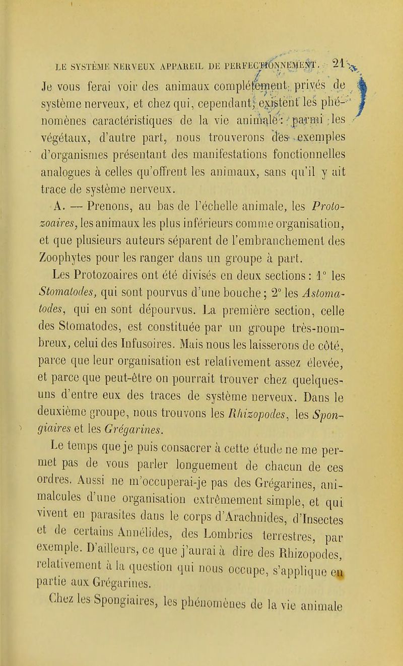 Je vous ferai voir des animaux complètement; privés de système nerveux, et chez qui, cependant; existent les phé- nomènes caractéristiques de la vie animalé:: : parmi . les végétaux, d'autre part, nous trouverons des -exemples d'organismes présentant des manifestations fonctionnelles analogues à celles qu'offrent les animaux, sans qu'il y ait trace de système nerveux. A. — Prenons, au bas de l'échelle animale, les Proto- zoaires, les animaux les plus inférieurs comme organisation, et que plusieurs auteurs séparent de l'embranchement des Zoophytes pour les ranger dans un groupe à part. Les Protozoaires ont été divisés en deux sections : 1° les Stomalodes, qui sont pourvus d'une bouche; 2° les Astoma- Mes, qui en sont dépourvus. La première section, celle des Stomatodes, est constituée par un groupe très-nom- breux, celui des Infusoires. Mais nous les laisserons de côté, parce que leur organisation est relativement assez élevée, et parce que peut-être on pourrait trouver chez quelques- uns d'entre eux des traces de système nerveux. Dans le deuxième groupe, nous trouvons les Rhizopocles, les Spon- giaires et les Grégarines. Le temps que je puis consacrer à cette étude ne me per- met pas de vous parler longuement de chacun de ces ordres. Aussi ne m'occuperai-je pas des Grégarines, ani- malcules d'une organisation extrêmement simple, et qui vivent en parasites dans le corps d'Arachnides, d'Insectes et de certains Annélides, des Lombrics terrestres, par exemple. D'ailleurs, ce que j'aurai à dire des Rhizopodes, relativement à la question qui nous occupe, s'applique eg partie aux Grégarines. Chez les Spongiaires, les phénomènes de la vie animale