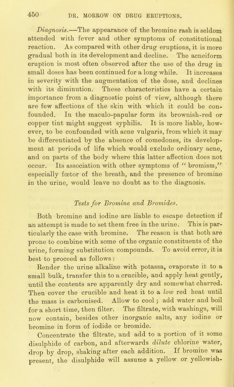 Diagnosis.—The appearance of the bromine rash is seldom attended with fever and other symptoms of constitutional reaction. As compared with other drug eruptions, it is more gradual both in its development and decline. The acneiform eruption is most often observed after the use of the drug in small doses has been continued for a long while. It increases in severity with the augmentation of the dose, and declines with its diminution. These characteristics have a certain importance from a diagnostic point of view, although there are few affections of the skin with which it could be con- founded. In the maculo-papular form its brownish-red or copper tint might suggest syphilis. It is more liable, how- ever, to be confounded with acne vulgaris, from which it may be differentiated by the absence of comedones, its develop- ment at periods of life which would exclude ordinary acne, and on parts of the body where this latter affection does not occur. Its association with other symptoms of  bromism, especially fcetor of the breath, and the presence of bromine in the urine, would leave no doubt as to the diagnosis. Tests for Bromine and Bromides. Both bromine and iodine are liable to escape detection if an attempt is made to set them free in the urine. This is par- ticularly the case with bromine. The reason is that both are prone to combine with some of the organic constituents of the urine, forming substitution compounds. To avoid error, it is best to proceed as follows: Render the urine alkaline with potassa, evaporate it to a small bulk, transfer this to a crucible, and apply heat gently, until the contents are apparently dry and somewhat charred. Then cover the crucible and heat it to a low red heat until the mass is carbonised. Allow to cool; add water and boil for a short time, then filter. The filtrate, with washings, will now contain, besides other inorganic salts, any iodine or bromine in form of iodide or bromide. Concentrate the filtrate, and add to a portion of it some disulphide of carbon, and afterwards dilute chlorine water, drop by drop, shaking after each addition. If bromine was present, the disulphide will assume a yellow or yellowish-