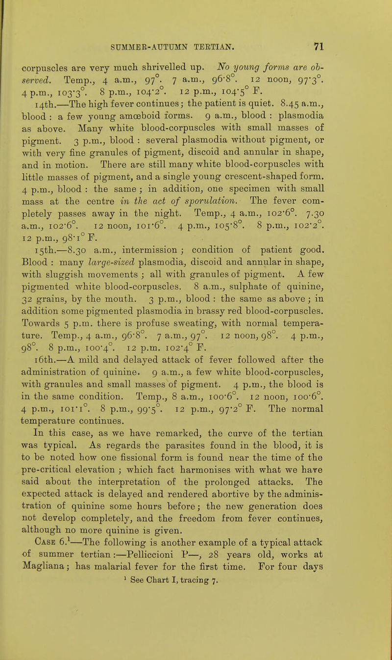 corpuscles are very mucli shrivelled up. No yoxmg forms are ob- served. Temp., 4 a.m., 97°. 7 a.m., 96-8°. 12 noon, 97-3°. 4 p.m., 103-3°. 8 p.m., 104-2°. 12 p.m., 104-5° F. 14th.—The high fever continues; the patient is quiet. 8.45 a.m., blood : a few young amoeboid forms. 9 a.m., blood : plasmodia as above. Many white blood-corpuscles with small masses of pigment. 3 p.m., blood : several plasmodia without pigment, or with very fine granules of pigment, discoid and annular in shape, and in motion. Thei'e are still many white blood-corpuscles with little masses of pigment, and a single young crescent-shaped form. 4 p.m., blood : the same ; in addition, one specimen with small mass at the centre in the act of sporulation. The fever com- pletely passes away in the night. Temp., 4 a.m., i02-6°. 7.30 a.m., 102-6°. 12 noon, 101-6°. 4 p.m., 105-8°. 8 p.m., 102-2°. 12 p.m., 98-1° F. 15th.—8.30 a.m., intermission ; condition of patient good. Blood : many large-sized plasmodia, discoid and annular in shape, with sluggish movements ; all with granules of pigment. A few pigmented white blood-corpuscles. 8 a.m., sulphate of quinine, 32 grains, by the mouth. 3 p.m., blood : the same as above; in addition some pigmented plasmodia in brassy red blood-corpuscles. Towards 5 p.m. there is profuse sweating, with normal tempera- ture. Temp., 4 a.m., 96-8°. 7 a.m., 97°. 12 noon, 98°. 4 p.m., 98°. 8 p.m., 100-4°. 12 p.m. 102-4° ^• 16th.—A mild and delayed attack of fever followed after the administration of quinine. 9 a.m., a few white blood-corpuscles, with granules and small masses of pigment. 4 p.m., the blood is in the same condition. Temp., 8 a.m., 100-6°. 12 noon, ioo-6°. 4 p.m., 101-1°. 8 p.m., 99-5°. 12 p.m., 97-2° F. The normal temperature continues. In this case, as we have remarked, the curve of the tertian was typical. As regards the parasites found in the blood, it is to be noted how one fissional form is found near the time of the pre-critical elevation ; which fact harmonises with what we hare said about the interpretation of the prolonged attacks. The expected attack is delayed and rendered abortive by the adminis- tration of quinine some hours before; the new generation does not develop completely, and the freedom from fever continues, although no more quinine is given. Case 6.^—The following is another example of a typical attack of summer tertian:—Pelliccioni P—, 28 years old, works at Magliana; has malarial fever for the first time. For four days