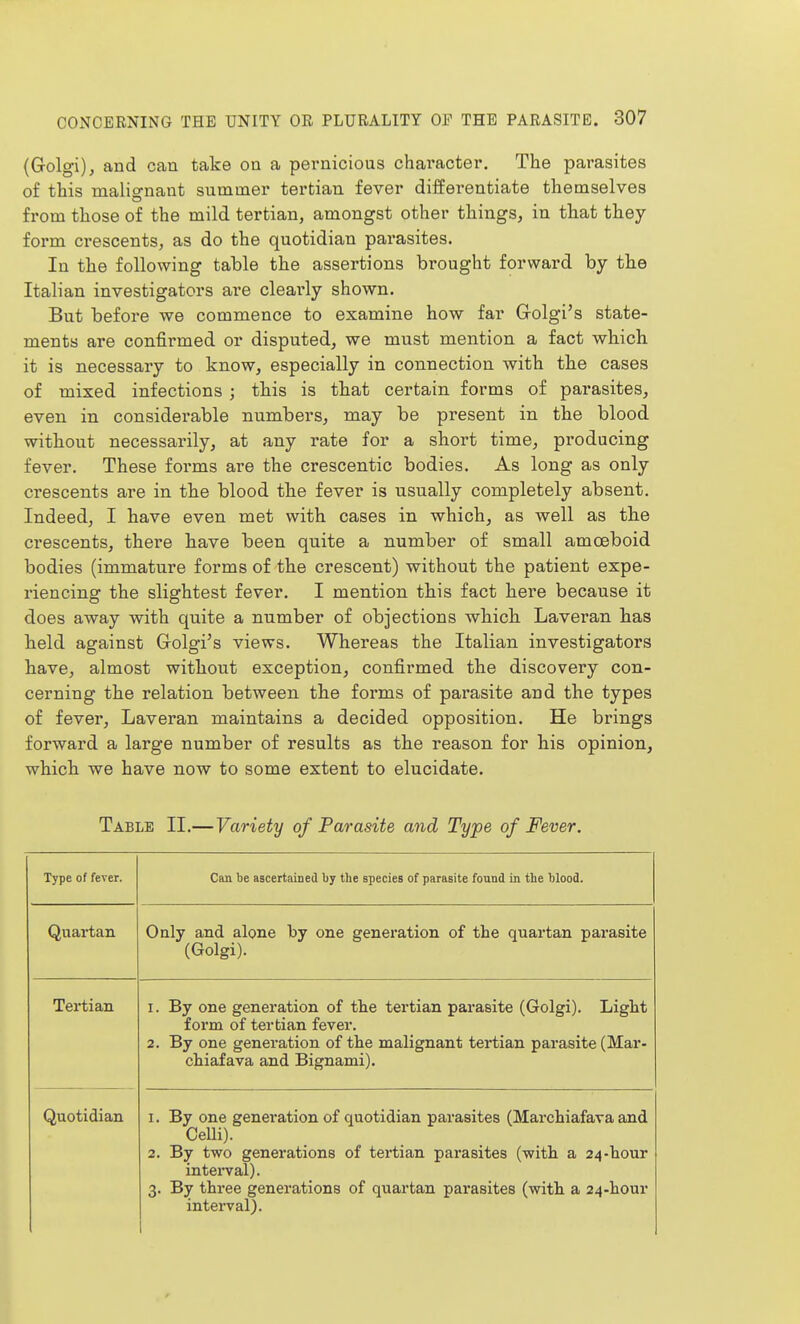 (Golgi), and can take on a pernicious character. The parasites of this malignant summer tertian fever differentiate themselves from those of the mild tertian, amongst other things, in that they form crescents, as do the quotidian parasites. In the following table the assertions brought forward by the Italian investigators are clearly shown. But before we commence to examine how far Golgi's state- ments are confirmed or disputed, we must mention a fact which it is necessary to know, especially in connection with the cases of mixed infections ; this is that certain forms of parasites, even in considerable numbers, may be present in the blood without necessarily, at any rate for a short time, producing fever. These foi'ms are the crescentic bodies. As long as only crescents are in the blood the fever is usually completely absent. Indeed, I have even met with cases in which, as well as the crescents, there have been quite a number of small amoeboid bodies (immature forms of the crescent) without the patient expe- riencing the slightest fever. I mention this fact here because it does away with quite a number of objections which Laveran has held against Golgi's views. Whereas the Italian investigators have, almost without exception, confii*med the discovery con- cerning the relation between the forms of parasite and the types of fever, Laveran maintains a decided opposition. He brings forward a large number of results as the reason for his opinion, which we have now to some extent to elucidate. Table II.—Variety of Parasite and Type of Fever. Type of fever. Can be ascertained by the species of parasite found in the blood. Quartan Only and alone by one generation of the quartan parasite (Golgi). Tertian 1. By one generation of the tertian parasite (Golgi). Light form of tertian fever. 2. By one generation of the malignant tertian parasite (Mar- chiafava and Bignami). Quotidian 1. By one generation of quotidian parasites (Marchiafava and Celli). 2. By two generations of tertian parasites (with a 24-hour intei-val). 3. By three generations of quartan parasites (with a 24-hour interval).