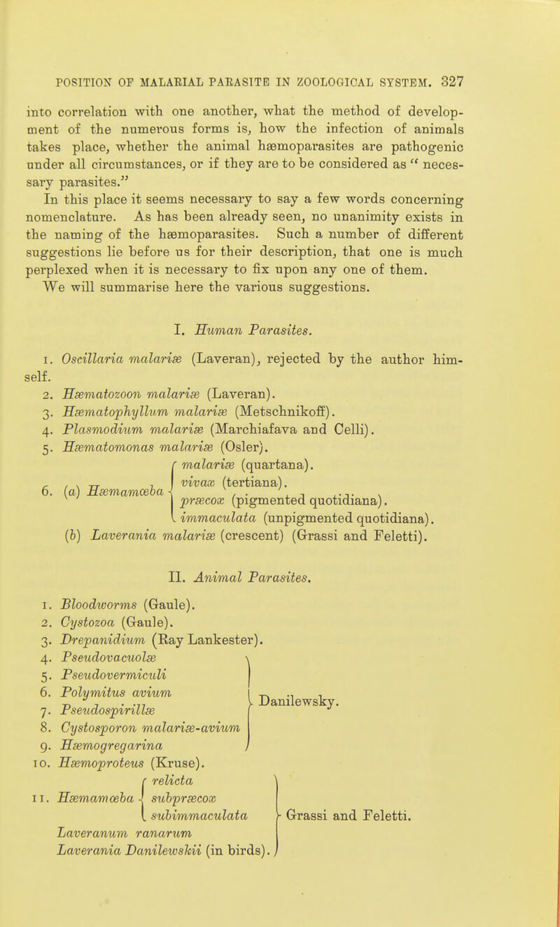 into correlation with one another, wliat the method of develop- ment of the numerous forms is, how the infection of animals takes place, whether the animal hgemoparasites are pathogenic under all circumstances, or if they are to be considered as  neces- sary parasites. In this place it seems necessary to say a few words concerning nomenclature. As has been already seen, no unanimity exists in the naming of the hasmoparasites. Such a number of different suggestions lie before us for their description, that one is much perplexed when it is necessary to fix upon any one of them. We will summarise here the various suggestions. I. Human Parasites. 1. Oscillaria malarise (Laveran), rejected by the author him- self. 2. Hsematozoon malaria (Laveran). 3. Hsematophyllum malarias (Metschnikoff). 4. Tlasmodixim malarise (Marchiafava and Celli). 5. Hsematomonas malarise (Osier). (malarise (quartana). vivax (tertiana). prsecox (pigmented quotidiana). immaculata (unpigmented quotidiana). (b) Laverania malarise (crescent) (Grassi and Feletti). II. Animal Parasites. 1. Bloodivorms (Gaule). 2. Cystozoa (G-aule). 3. Drepanidiiim (Eay Lankester). 4. Pseudovacuolx \ 5. Pseudovermiculi 6. Polymitus avium 7. Pseudospirillse 8. Cystosporon malarise-avium 9. Hsemogregarina 10. Hasmoproteus (Kruse). r relicta 11. Hsemamoeha J. suhprsecox I suhimmaculata Laveranum ranarum Laverania DanilewsMi (in birds) I- Danilewsky. - Grassi and Feletti.