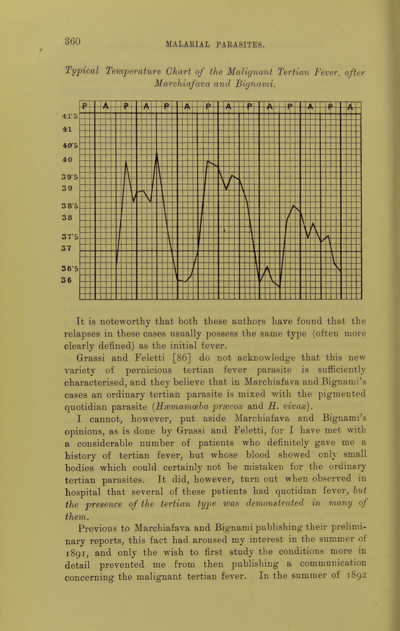 Typical Temperahire Chart of the Malignant Tertian Fever, after Marchiafava and Bignami. It is noteworthy tliat both these authors have found that the relapses in these cases usually possess the same type (often more clearly defined) as the initial fever. Grassi and Feletti [86] do not acknowledge that this new variety of pernicious tertian fever parasite is sufficiently characterised, and they believe that in Marchiafava and Bignami's cases an ordinary tertian parasite is mixed with the pigmented quotidian parasite {Hxmamoeha prsecox and H. vivax). I cannot, however, put aside Marchiafava and Bignami's opinions, as is done by Grassi and Feletti, for I have met with a considerable number of patients who definitely gave me a history of tertian fever, but whose blood showed only small bodies which could certainly not be mistaken for the ordinary tertian parasites. It did, however, turn out when observed in hospital that several of these patients had quotidian fever, hut the presence of the tertian type was demonstrated in many of them. Previous to Marchiafava and Bignami publishing their prelimi- nary reports, this fact had aroused my interest in the summer of 1891, and only the wish to first study the conditions more in detail prevented me from then publishing a communication concerning the malignant tertian fever. In the summer of 1892