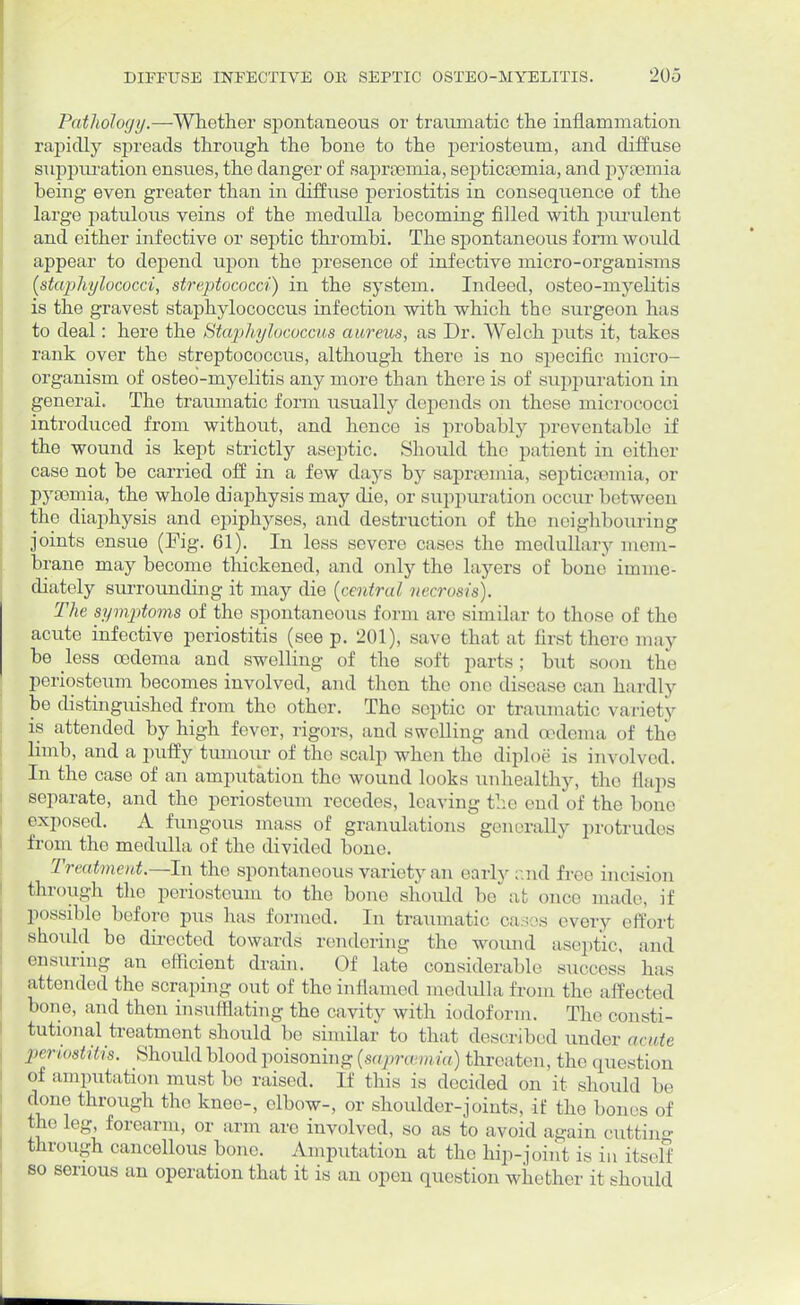 PatJiology.—Whether spontaneous or traumatic the inflammation rapidly spreads through the bone to the periosteum, and diffuse suppuration ensues, the danger of saproemia, septicaemia, and pyaemia being even greater than in diffuse periostitis in consequence of the large patulous veins of the medulla becoming filled with purulent and either infective or septic thrombi. The spontaneous form would appear to depend upon the presence of infective micro-organisms {staphylococci, streptococci) in the system. Indeed, osteo-myelitis is the gravest staphylococcus infection with which the surgeon has to deal: here the Staphylococcus aureus, as Dr. Welch puts it, takes rank over the streptococcus, although there is no specific micro- organism of osteo-myelitis any more than there is of suppuration in general. The traumatic form usually depends on these micrococci introduced from without, and hence is probably preventable if the wound is kept strictly aseptic. Should the patient in either case not be carried off in a few days by sapraemia, septicaemia, or pyaemia, the whole diaphysis may die, or suppuration occur between the diaphysis and epiphyses, and destruction of the neighbouring joints ensue (Fig. 61). In less severe cases the medullary mem- brane may become thickened, and only the layers of bone imme- diately surrounding it may die (centra/ necrosis). The symptoms of the spontaneous form are similar to those of the acute infective periostitis (see p. 201), save that at first there may be less oedema and swelling of the soft parts; but Boon the periosteum becomes involved, and then the one disease can hardly be distinguished from the other. The septic or traumatic variety is attended by high fever, rigors, and swelling and oedema of the limb, and a puffy tumour of the scalp when the diploe is involved. In the case of an amputation the wound looks unhealthy, tho flaps separate, and the periosteum recedes, leaving the end of the bene exposed. A fungous mass of granulations generally protrudes from the medulla of the divided bone. Treatment.—In the spontaneous variety an early; nd free incision through the periosteum to the bone should be at onee made, it' possible before pus has formed. In traumatic cases every effort should be directed towards rendering the wound aseptic, and ensuring an efficient drain. Of late considerable success has attended the scraping out of the inflamed medulla from the a fl eeted bone, and then insufflating the cavity with iodoform. The consti- tutional treatmont should be similar to that described under acute periostitis. Should blood poisoning (saprcem ia) threaten. the quesl u .11 of amputation must be raised. If this is decided on it should be clone through the knee-, elbow-, or shoulder-joints, if the bones of the leg forearm, or arm are involved, so as to avoid again cutting through cancellous bone. Amputation at the hip-joint is in itself so serious an operation that it is an open question whether it should