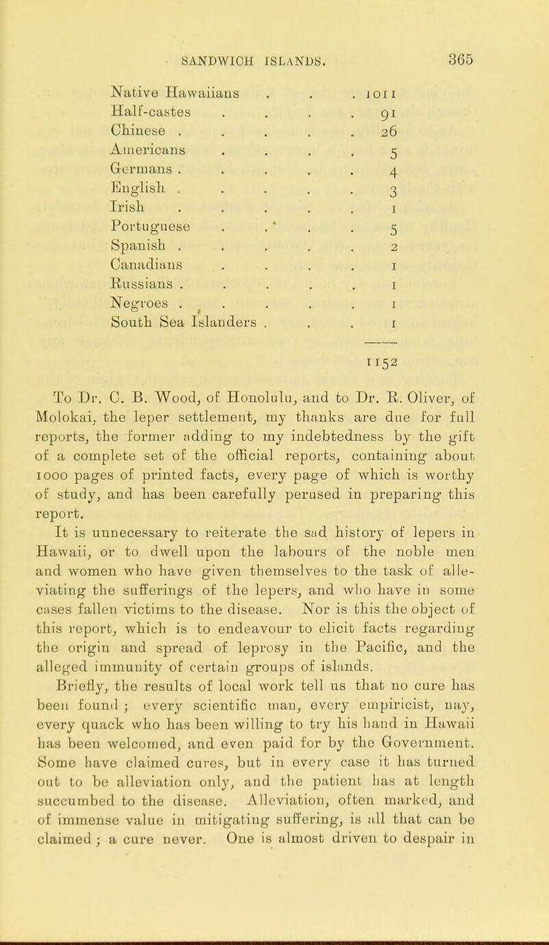 Native Hawaiians . . . ion Halt-castes . . . .91 Chinese ..... 26 Americans .... 5 Germans ..... 4 English . .... 3 Irish ..... 1 Portuguese . . * . . 5 Spanish ..... 2 Canadians 1 Russians ..... 1 Negroes ..... 1 South Sea Islanders 1 1152 To Dr. C. B. Wood, of Honolulu, and to Dr. E. Oliver, of Molokai. the leper settlement, my thanks are due for full reports, the former adding to my indebtedness by the gift of a complete set of the official reports, containing about 1000 pages of printed facts, every page of which is worthy of study, and has been carefully perused in preparing this report. It is unnecessary to reiterate the sad history of lepers in Hawaii, or to dwell upon the labours of the noble men and women who have given themselves to the task of alle- viating the sufferings of the lepers, and who have in some cases fallen victims to the disease. Nor is this the object of this report, which is to endeavour to elicit facts regarding the origin and spread of leprosy in the Pacific, and the alleged immunity of certain groups of islands. Briefly, the results of local work tell us that no cure has been found ; every scientific man, every empiricist, nay, every quack who has been willing to try his hand in Hawaii has been welcomed, and even paid for by the Government. Some have claimed cures, but in every case it has turned out to be alleviation only, and the patient lias at length succumbed to the disease. Alleviation, often marked, and of immense value in mitigating suffering, is all that can be claimed ; a cure never. One is almost driven to despair in