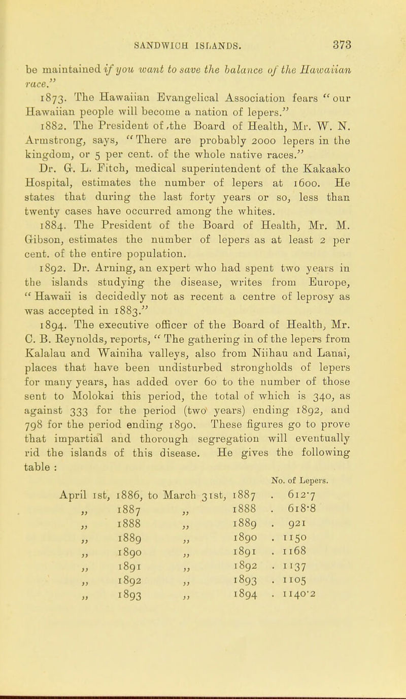 be maintained if you want to save the balance of the Hawaiian race. 1873. The Hawaiian Evangelical Association fears  our Hawaiian people will become a nation of lepers. 1882. The President of,the Board of Health, Mr. W. N. Armstrong, says,  There are probably 2000 lepers in the kingdom, or 5 per cent, of the whole native races. Dr. Gr. L. Fitch, medical superintendent of the Kakaako Hospital, estimates the number of lepers at 1600. He states that during the last forty years or so, less than twenty cases have occurred among the whites. 1884. The President of the Board of Health, Mr. M. Gibson, estimates the number of lepers as at least 2 per cent, of the entire population. 1892. Dr. Aiming, an expert who had spent two years in tlie islands studying the disease, writes from Europe,  Hawaii is decidedly not as recent a centre of leprosy as was accepted in 1883. 1894. The executive officer of the Board of Health, Mr. C. B. Reynolds, reports,  The gathering in of the lepers from Kalalau and Wainiha valleys, also from Niihau and Lanai, places that have been undisturbed strongholds of lepei-s for many years, has added over 60 to the number of those sent to Molokai this period, the total of which is 340, as against 333 for the period (two' years) ending 1892, and 798 for the period ending 1890. These figures go to prove that impartial and thorough segregation will eventually rid the islands of this disease. He gives the following table : No. of Lepers April 1st, 1886, to March 31st, 1887 6127 >> 1887 a 1888 . 618-8 }> 1888 >> 1889 921 >> 1889 >> 1890 . 1150 )> 1890 >> 1891 . 1168 >> 1891 )} 1892 • H37 >} 1892 )> 1893 • 1105 1893 >> 1894 . II40'2