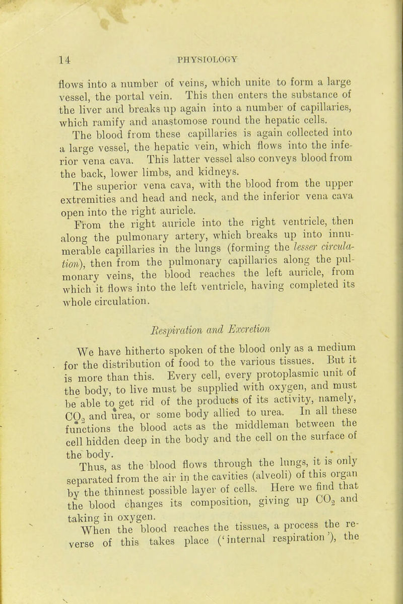flows into a number of veins, which unite to form a large vessel, the portal vein. This then enters the substance of the liver and breaks up again into a number of capillaries, which ramify and anastomose round the hepatic cells. The blood from these capillaries is again collected into a large vessel, the hepatic vein, which flows into the infe- rior vena cava. This latter vessel also conveys blood from the back, lower limbs, and kidneys. The superior vena cava, with the blood from the upper extremities and head and neck, and the inferior vena cava open into the right auricle. From the right auricle into the right ventricle, then along the pulmonary artery, which breaks up into innu- merable capillaries in the lungs (forming the lesser circula- iion), then from the pulmonary capillaries along the pul- monary veins, the blood reaches the left auricle, from which it flows into the left ventricle, having completed its Avhole circulation. Besjnration and Excretion We have hitherto spoken of the blood only as a medium for the distribution of food to the various tissues. But it is more than this. Every cell, every protoplasmic unit of the body, to live must be supplied with oxygen, and must be able to get rid of the products of its activity, namely, COo and urea, or some body allied to urea. In all these functions the blood acts as the middleman between the cell hidden deep in the body and the cell on the surface of the body. , , •' V Thus, as the blood flows through the lungs, it is only separated from the air in the cavities (alveoli) of this organ by the thinnest possible layer of cells. Here we find that the blood changes its composition, giving up CUo and taking in oxygen. When the blood reaches the tissues, a process the re- verse of this takes place ('internal respiration), the