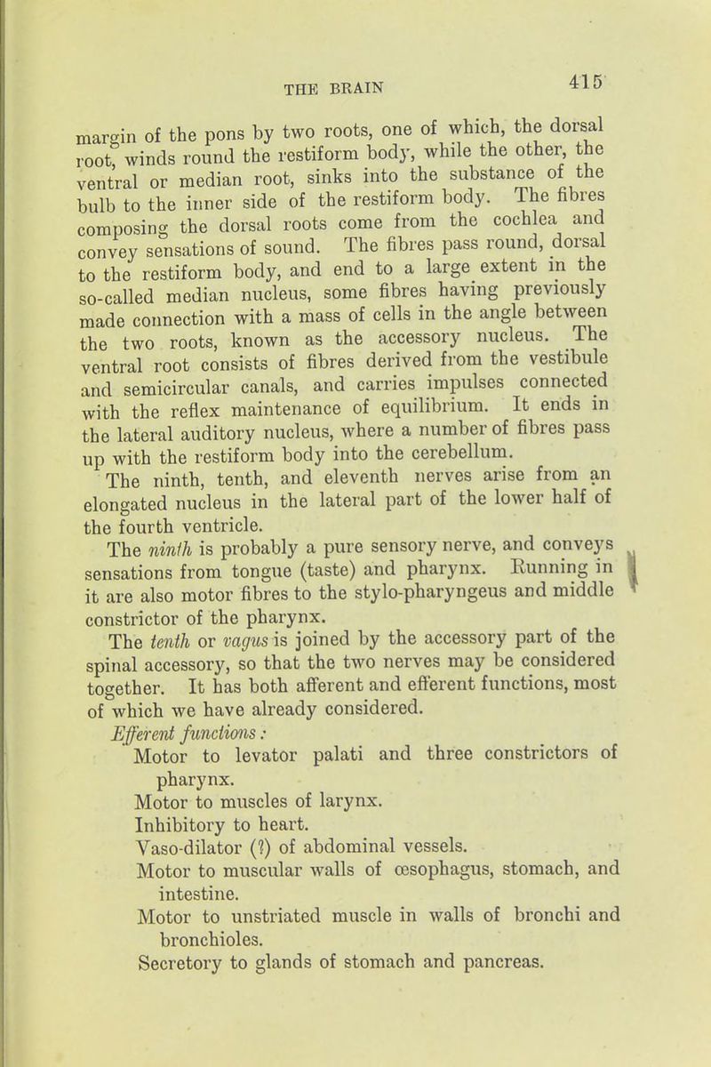 marein of the pons by two roots, one of which, the doi-sal root winds round the restiform body, while the other the ventral or median root, sinks into the substance of the bulb to the inner side of the restiform body. The fibres composing the dorsal roots come from the cochlea and convey sensations of sound. The fibres pass round, dorsal to the restiform body, and end to a large extent in the so-called median nucleus, some fibres having previously made connection with a mass of cells in the angle between the two roots, known as the accessory nucleus. The ventral root consists of fibres derived from the vestibule and semicircular canals, and carries impulses connected with the reflex maintenance of equilibrium. It ends in the lateral auditory nucleus, where a number of fibres pass up with the restiform body into the cerebellum. The ninth, tenth, and eleventh nerves arise from an elongated nucleus in the lateral part of the lower half of the fourth ventricle. The ninih is probably a pure sensory nerve, and conveys sensations from tongue (taste) and pharynx. Running in | it are also motor fibres to the stylo-pharyngeus and middle constrictor of the pharynx. The tenth or vagus is joined by the accessory part of the spinal accessory, so that the two nerves may be considered together. It has both afferent and efferent functions, most of which we have already considered. Efferent functions: Motor to levator palati and three constrictors of pharynx. Motor to muscles of larynx. Inhibitory to heart. Vaso-dilator (?) of abdominal vessels. Motor to muscular walls of oesophagus, stomach, and intestine. Motor to unstriated muscle in walls of bronchi and bronchioles. Secretory to glands of stomach and pancreas.