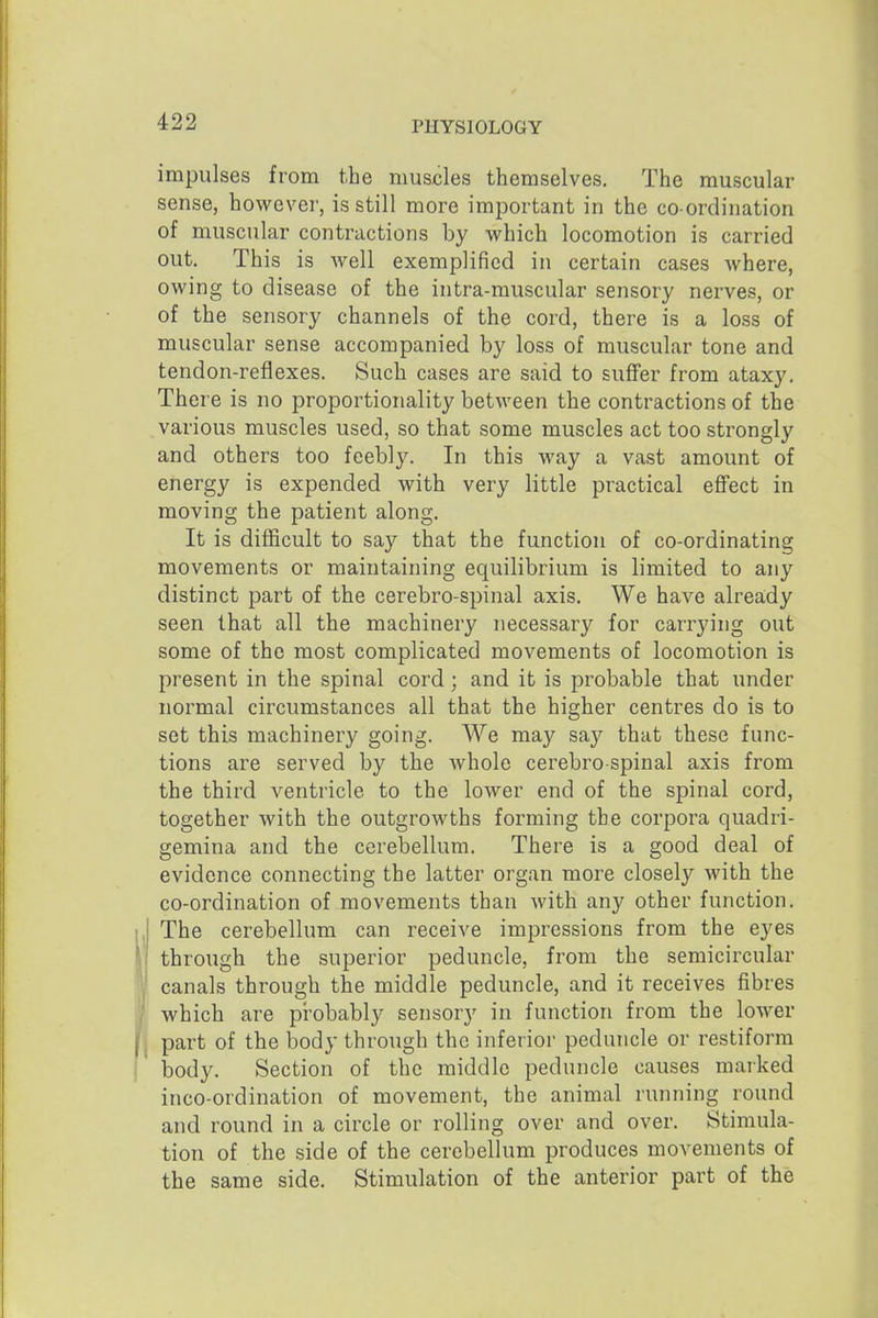 impulses from the muscles themselves. The muscular- sense, however, is still more important in the co ordination of muscular contractions by which locomotion is carried out. This is well exemplified in certain cases where, owing to disease of the intra-muscular sensory nerves, or of the sensory channels of the cord, there is a loss of muscular sense accompanied by loss of muscular tone and tendon-reflexes. Such cases are said to suffer from ataxy. There is no proportionality between the contractions of the various muscles used, so that some muscles act too strongly and others too feebly. In this way a vast amount of energy is expended with very little practical effect in moving the patient along. It is difiicult to say that the function of co-ordinating movements or maintaining equilibrium is limited to any distinct part of the cerebro-spinal axis. We have already seen that all the machinery necessary for carrying out some of the most complicated movements of locomotion is present in the spinal cord; and it is probable that under normal circumstances all that the higher centres do is to set this machinery going. We may say that these func- tions are served by the whole cerebro spinal axis from the third ventricle to the lower end of the spinal cord, together with the outgrowths forming the corpora quadri- gemina and the cerebellum. There is a good deal of evidence connecting the latter organ more closely with the co-ordination of movements than with any other function. The cerebellum can receive impressions from the eyes through the superior peduncle, from the semicircular canals through the middle peduncle, and it receives fibres which are probably sensory in function from the lower part of the body through the inferior peduncle or restiform body. Section of the middle peduncle causes marked inco-ordination of movement, the animal running round and round in a circle or rolling over and over. Stimula- tion of the side of the cerebellum produces movements of the same side. Stimulation of the anterior part of the