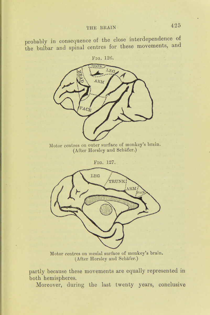 probably in consequence of the close interdependence the bulbar and spinal centres for these movements, i Fig. 126, Motor centres on outer surface of monkey's braiu. (After Hovsley and Scbafer.) Fig. 127. Motor centres on mesial surface of monkey's brain. (After Horsley and Scbafer.) partly because these movements are equally represented in both hemispheres. Moreover, during the last twenty years, conclusive