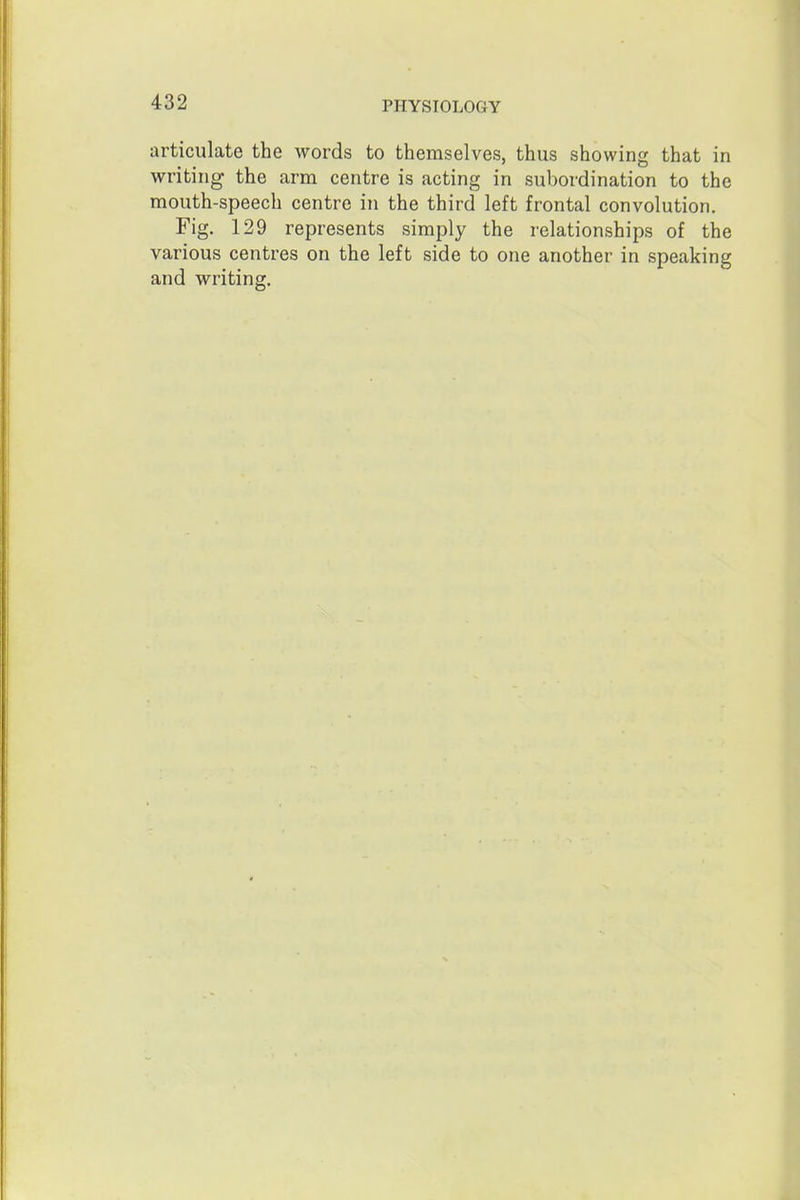 articulate the words to themselves, thus showing that in writing the arm centre is acting in subordination to the mouth-speech centre in the third left frontal convolution. Fig. 129 represents simply the relationships of the various centres on the left side to one another in speaking and writing.