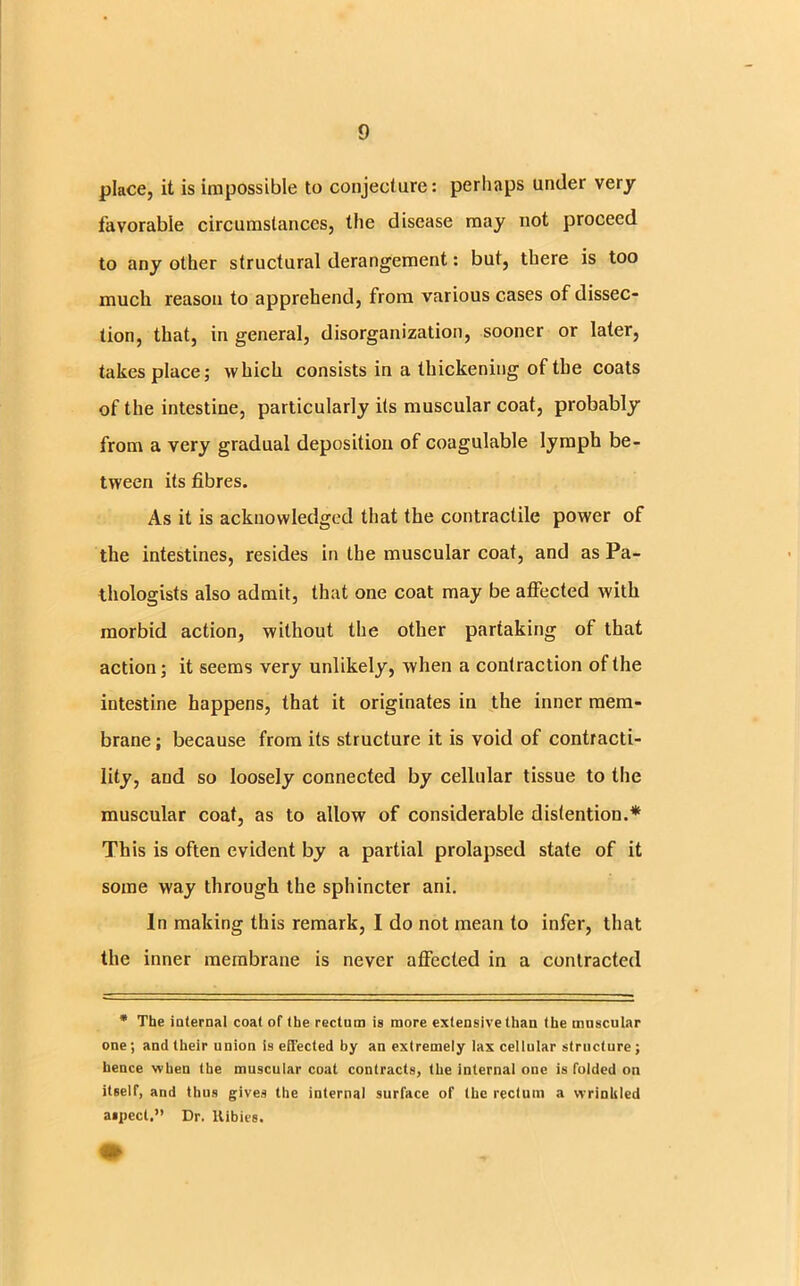 place, it is impossible to conjecture: perhaps under very favorable circumstances, the disease may not proceed to any other structural derangement: but, there is too much reason to apprehend, from various cases of dissec- tion, that, in general, disorganization, sooner or later, takes place; which consists in a thickening of the coats of the intestine, particularly its muscular coat, probably from a very gradual deposition of coagulable lymph be- tween its fibres. As it is acknowledged that the contractile power of the intestines, resides in the muscular coat, and as Pa- thologists also admit, that one coat may be affected with morbid action, without the other partaking of that action; it seems very unlikely, when a contraction of the intestine happens, that it originates in the inner mem- brane; because from its structure it is void of contracti- lity, and so loosely connected by cellular tissue to the muscular coat, as to allow of considerable distention.* This is often evident by a partial prolapsed state of it some way through the sphincter ani. In making this remark, I do not mean to infer, that the inner membrane is never affected in a contracted * The internal coat of the rectum is more extensive than the mnscular one; and their union is effected by an extremely lax cellular structure; hence when the muscular coat contracts, the internal one is folded on itself, and thus gives the internal surface of the rectum a vvrinliled aspect.” Dr. llibies.