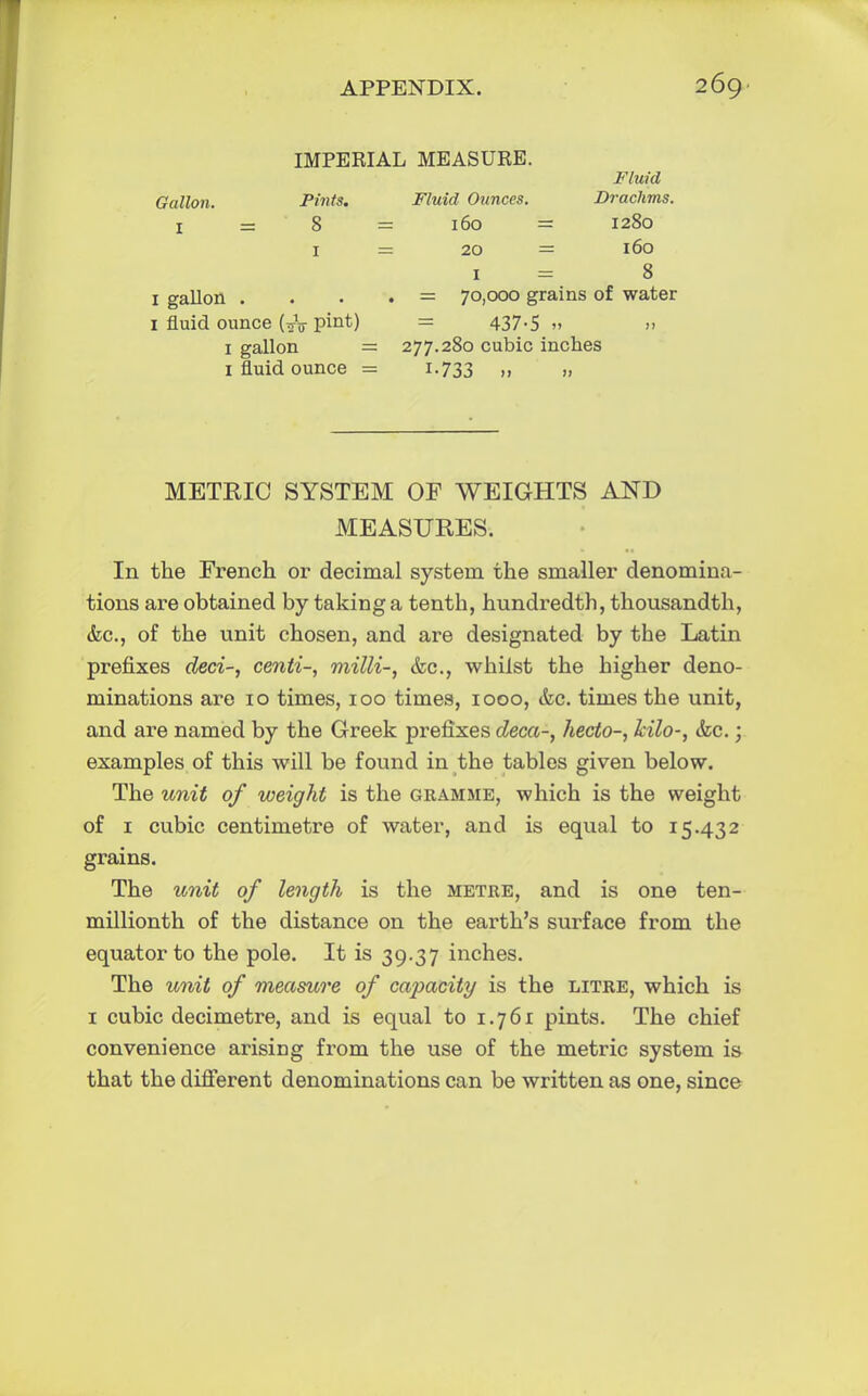 IMPERIAL MEASURE. Fluid Gallon. Pints. Fluid Ounces. D?-achms. 1 = 8 = 160 = 1280 I = 20 = 160 i = 8 1 gallon • = 70,000 grains of water 1 fluid ounce (fa pint) = 437-5 » » 1 gallon = 277.280 cubic inches 1 fluid ounce = 1.733 >> .. METRIC SYSTEM OF WEIGHTS AND MEASURES. In the French or decimal system the smaller denomina- tions are obtained by taking a tenth, hundredth, thousandth, &c, of the unit chosen, and are designated by the Latin prefixes deci-, centi-, milli-, &c, whilst the higher deno- minations are 10 times, 100 times, 1000, &c. times the unit, and are named by the Greek prefixes deca-, hecto-, kilo-, &c.; examples of this will be found in the tables given below. The unit of weight is the gramme, which is the weight of 1 cubic centimetre of water, and is equal to 15.432 grains. The unit of length is the metre, and is one ten- millionth of the distance on the earth's surface from the equator to the pole. It is 39.37 inches. The unit of measure of capacity is the litre, which is 1 cubic decimetre, and is equal to 1.761 pints. The chief convenience arising from the use of the metric system is that the different denominations can be written as one, since