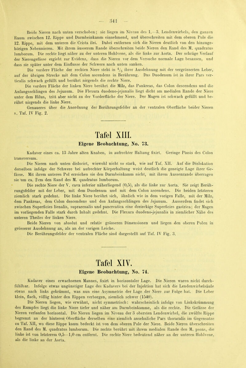 Beide Nieren nach unten verschoben; sie liegen im Niveau des 1.—3. Lendenwirbels, den ganzen Raum zwischen 12. Rippe und üarmbeinkamm einnehmend, und überschreiten mit dem oberen Pole die 12. Rippe, mit dem unteren die Crista ilei. Dabei entfernen sich die Nieren deutlich von den hinzuge- hörigen Nebennieren. Mit ihrem äusserem Rande überschreiten beide Nieren den Rand des M. quadratus lumborum. Die rechte liegt näher zu der unteren Hohlvene, als die linke zur Aorta. Der schräge Verlauf der Nierengefässe ergiebt zur Evidenz, dass die Nieren vor dem Versuche normale Lage besassen, und dass sie später unter dem Eintlusse der Schwere nach unten sanken. Die vordere Fläche der rechten Niere steht in ihrer Ausdehnung mit der vergrüsserten Leber, auf der übrigen Strecke mit dem Colon ascendens in Berührung. Das Duodenum ist in ihrer Pars ver- ticalis schwach gefüllt und berührt nirgends die rechte Niere. Die vordere Fläche der linken Niere berührt die Milz, das Pankreas, das Colon descendens und die Anfangsschlingen des Jejunum. Die Flexura duodeno-jejunalis liegt dicht am medialen Rande der Niere unter dem Hilus, tritt aber nicht zu der Vorderfläche der Niere. Der Magen ist schwach gefüllt und be- rührt nirgends die linke Niere. Genaueres über die Anordnung der Berührungsfelder an der ventralen Oberfläche beider Nieren s. Taf. IV Fig. 2. Kadaver eines ca. 13 .lahre alten Knaben, in aufrechier Haltung fixirt. Geringe Ptosis des Colon transversum. Die Nieren nach unten dislocirt, wiewohl nicht so stark, wie auf Taf. XII. Auf die Dislokation derselben infolge der Schwere bei aufrechter Körperhaltung weist deutlich die geneigte Lage ihrer Ge- fässe. Mit ihrem unteren Pol erreichen sie den Darmbeinkamm nicht, mit ihrem Aussenrande überragen sie um ca. 2 cm den Rand des M. quadratus lumborum. Die rechte Niere der V. cava inferior näherliegend (0,5), als die linke zur Aorta. Sie zeigt Berüh- rungsfelder mit der Leber, mit dem Duodenum und mit dem Colon ascendens. Die beiden letzteren ziemlich stark gedehnt. Die linke Niere berührt sich, ähnlich wie in dem vorigen Falle, mit der Milz, dem Pankreas, dem Colon descendens und den Anfangsschlingen des Jejunum. Ausserdem findet sich zwischen Superficies lienalis, suprarenalis und pancreatica eine dreieckige Superficies gastrica; der Magen im vorliegenden Falle stark durch Inhalt gedehnt. Die Flexura duodeno-jejunalis in ziemlicher Nähe des unteren Theiles der linken Niere. Beide Nieren von absolut und relativ grösseren Dimensionen und liegen den oberen Polen in grösserer Ausdehnung an, als an der vorigen Leiche. Die Berührungsfelder der ventralen Fläche sind dargestellt auf Taf. iV Fig. 3. Kadaver eines erwachsenen Mannes, fixirt in horizontaler Lage. Die Nieren waren nicht durch- fühlbar. Infolge etwas ungünstiger Lage des Kadavers bei der Injektion hat sich die Lenden Wirbelsäule etwas nach links gekrümmt, was nun eine Asymmetrie der Lage der Niere zur Folge hat. Die Leber klein, flach, völlig hinter den Rippen verborgen, ziemlich schwer (1540). Die Nieren liegen, wie erwähnt, nicht symmetrisch: wahrscheinlich infolge von Linkskrümmung des Rumpfes liegt die linke Niere tiefer und näher am Darmbeinkamme, als die rechte. Die Gefässe der Nieren verlaufen horizontal. Die Nieren liegen im Niveau der 3 obersten Lendenwirbel, die zwölfte Rippe begrenzt an der hinteren Oberfläche derselben eine ziemlich ansehnliche Pars thoracalis im Gegensatze zu Taf. XII, wo diese Rippe kaum bedeckt ist von dem oberen Pole der Niere. Beide Nieren überschreiten den Rand des M. quadratus lumborum. Die rechte berührt mit ihrem medialen Rande den M. psoas, die linke ist von letzterem 0,5—1,0 cm entfernt. Die rechte Niere bedeutend näher an der unteren Hohlvene, als die linke an der Aorta. Eigene Beobachtung, No. 73.