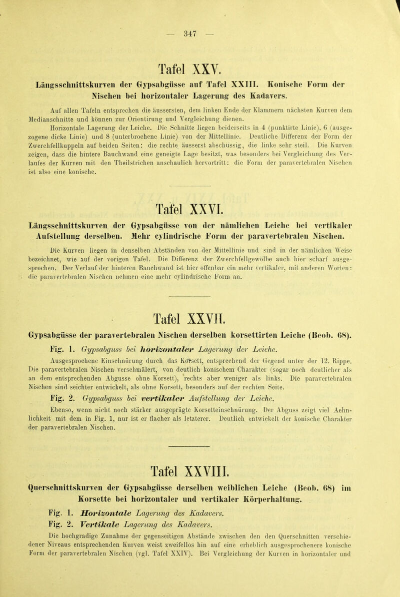 — 3« — Tafel XXV. Längsscliiiittskurven der Gypsabgüsse auf Tafel XXIII. Konische Form der Nischen bei horizontaler Lagerung des Kadavers. Auf allen Tafeln entsprechen die äussersten, dem linken Ende der Klammern näclisien Kurven dem Mcdiansclmitte und können zur Orientirnng und Vergleicliung dienen. Horizontale Lagerung der Leiche. Die Schnitte liegen beiderseits in 4 (punktirte Linie), 6 (ausge- zogene dicke Linie) und 8 (unterbrochene Linie) von der Mittellinie. Deutliche Differenz der Form der Zwerchfellkuppeln auf beiden Seiten: die rechte äusserst abschüssig, die linke sehr steil. Die Kurven zeigen, dass die hintere Bauchwand eine geneigte Lage besitzt, was besonders bei Vergleichung des Ver- laufes der Kurven mit den Theilstrichen anschaulich liervortritt: die Form der paravertebralen Nischen ist also eine konische. Tafel XXVI. Längsschnittsknrven der Gypsabgüsse von der nämlichen Leiche bei vertikaler Aufstellung derselben. Mehr cylindrische Form der paravertebralen Nischen. Die Kurven liegen in denselben Abständen von der Mittellinie und sind in der nämlichen Weise bezeichnet, wie auf der vorigen Tafel. Die Differenz der Zwerchfeligewölbe auch hier scharf ausge- sprochen. Der Verlauf der hinteren Bauchwand ist hier offenbar ein mehr vertikaler, mit anderen Worten: die pai'avertebralen Nischen nehmen eine mehr cylindrische Form an. Tafel XXVII. Gypsabgüsse der paravertebralen Nischen derselben korsettirten Leiche (Beob. GH). Fig. 1. Gypsahguss bei horizontaler Lagerung der Leiche. Ausgesprochene Einschnürung durch das Kotsett, entsprechend der Gegend unter der 12. Rippe. Die paravertebralen Nischen verschmälert, von deutlich konischem Charakter (sogar noch deutlicher als an dem entsprechenden Abgüsse ohne Korsett), rechts aber weniger als links. Die paravertebralen Nischen sind seichter entwickelt, als ohne Korsett, besonders auf der rechten Seite. Fig. 2. Gypsahguss bei vertikaler Aufstellung der Leiche. Ebenso, wenn nicht noch stärker ausgeprägte Korsetteinschnürung. Der Abguss zeigt viel Achn- lichkeit mit dem in Fig. 1, nur ist er flacher als letzterer. Deutlich entwickelt der konische Charakter der paravertebralen Nischen. Tafel XXVIII, Querschnittskurven der Gypsabgüsse derselben weiblichen Leiche (Keob. 68) im Korsette bei horizontaler und vertikaler Körperhaltung. Fig. 1. Morii^ontale Lagerung des Kadavers. Fig. 2. Vertikale Lagerung des Kadavers. Die hochgradige Zunahme der gegenseitigen Abstände zwischen den den Querschnitten verschie- dener Niveaus entsprechenden Kurven weist zweifellos hin auf eine erheblich ausgesprochenere konische