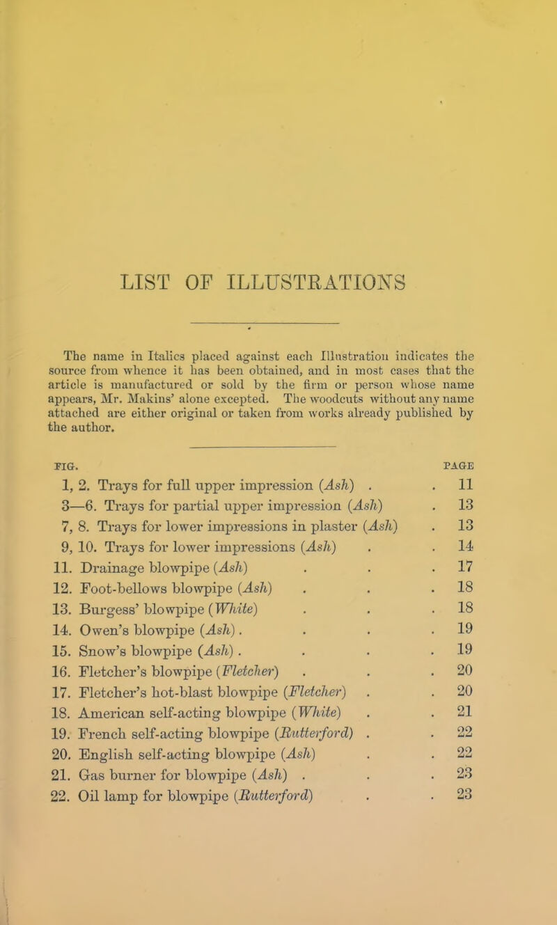 LIST OF ILLUSTRATIONS The name in Italics placed against each Illustration indicates the source from whence it has been obtained, and in most cases that the article is manufactured or sold by the firm or person whose name appears, Mr. Matins’ alone excepted. The woodcuts without any name attached are either origin,al or taken from works already published by the author. TIG. PAGE 1, 2. Tray a for full upper impression (Ash) . .11 3—6. Trays for partial upper impression (Ash) . 13 7, 8. Trays for lower impressions in plaster (Ash') . 13 9, 10. Trays for lower impressions (Ash) . . 14 11. Drainage blowpipe (Ash) . . .17 12. Toot-bellows blowpipe (Ash) . . .18 13. Burgess’ blowpipe (White) . . .18 14. Owen’s blowpipe (Ash). . . .19 15. Snow’s blowpipe (4s/t). . . .19 16. Fletcher’s blowpipe (Fletcher) . . .20 17. Fletcher’s hot-blast blowpipe (Fletcher) . . 20 18. American self-acting blowpipe (White) . . 21 19. French self-acting blowpipe (Butterford) . . 22 20. English self-acting blowpipe (Ash) . . 22 21. Gas burner for blowpipe (Ash) . . .23