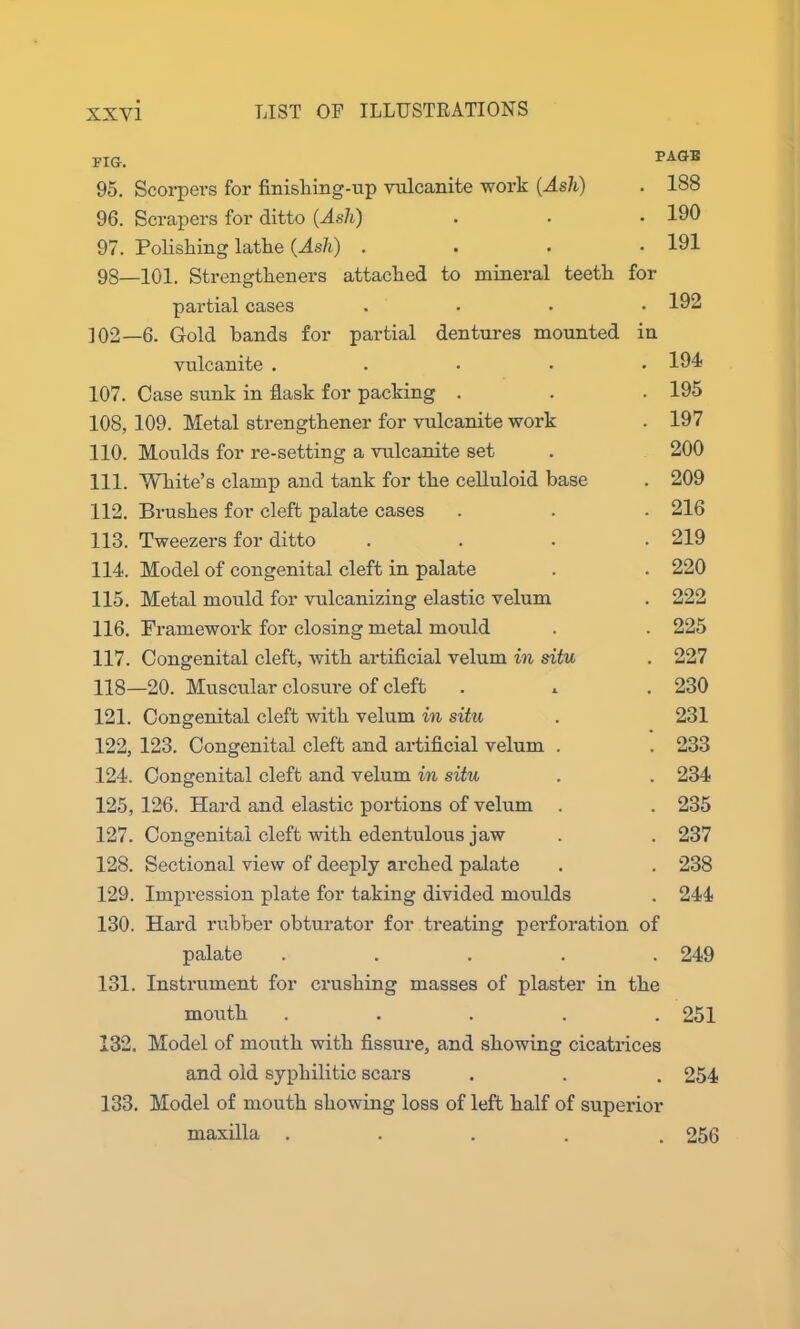 TIG. PAGE 95. Scorpers for finishing-up vulcanite work (Ash) . 188 96. Scrapers for ditto (Ash) . ■ • 190 97. Polishing lathe (Ash) .... 191 93—ioi. Strengthened attached to mineral teeth for partial cases .... 192 ]02—6. Gold bands for partial dentures mounted in vulcanite ..... 194 107. Case sunk in flask for packing . . . 195 108, 109. Metal strengthener for vulcanite work . 197 110. Moulds for re-setting a vulcanite set . 200 111. White’s clamp and tank for the celluloid base . 209 112. Brushes for cleft palate cases . . . 216 113. Tweezers for ditto .... 219 114. Model of congenital cleft in palate . . 220 115. Metal mould for vulcanizing elastic velum . 222 116. Framework for closing metal mould . . 225 117. Congenital cleft, with artificial velum in situ . 227 118—20. Muscular closure of cleft . «. . 230 121. Congenital cleft with velum in situ . 231 122, 123. Congenital cleft and artificial velum . . 233 124. Congenital cleft and velum in situ . . 234 125, 126. Hard and elastic portions of velum . . 235 127. Congenital cleft with edentulous jaw . . 237 128. Sectional view of deeply arched palate . . 238 129. Impression plate for taking divided moulds . 244 130. Hard rubber obturator for treating perforation of palate ..... 249 131. Instrument for crushing masses of plaster in the mouth ..... 251 132. Model of mouth with fissure, and showing cicatrices and old syphilitic scars . . . 254 133. Model of mouth showing loss of left half of superior maxilla ..... 256