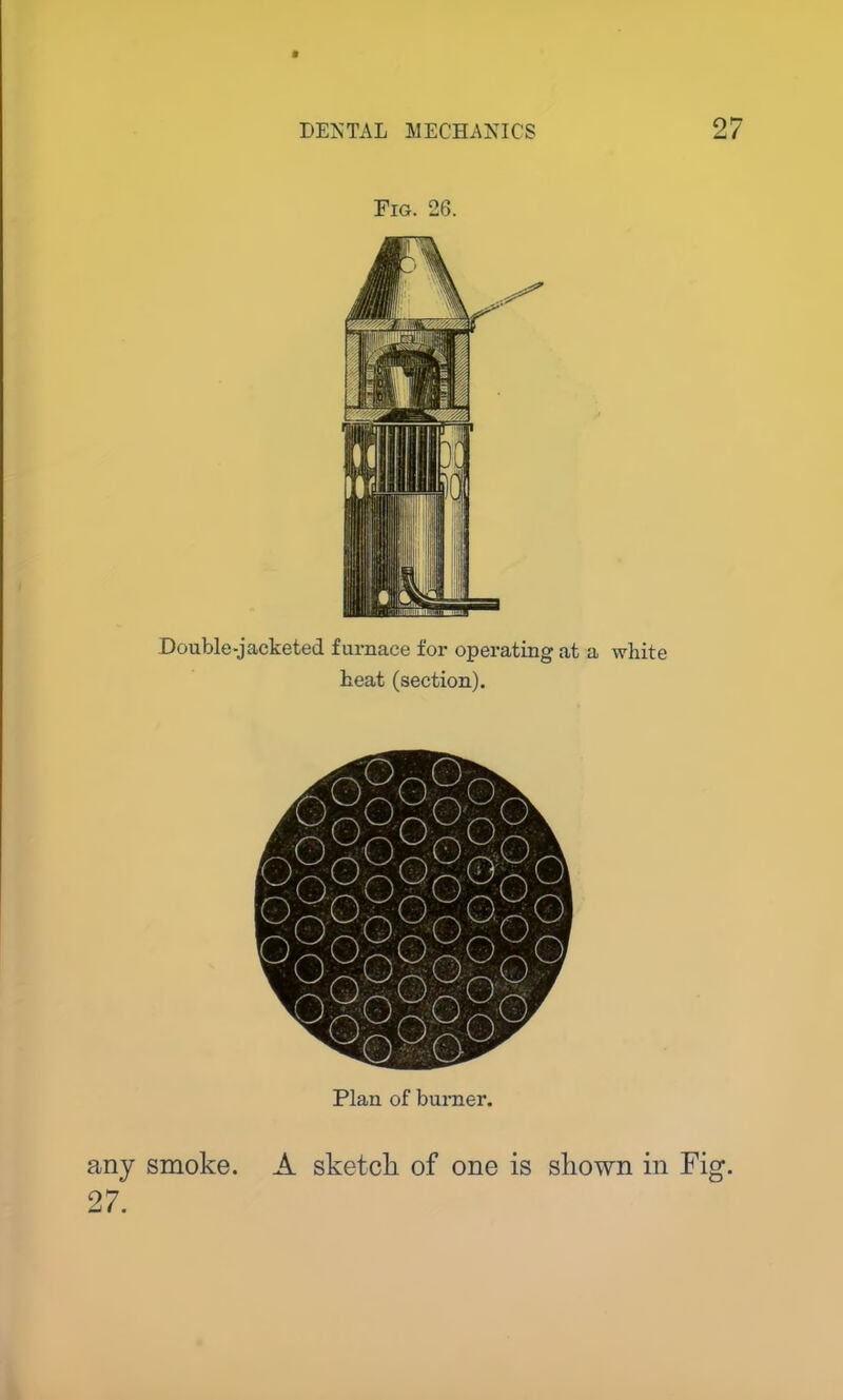 ft Fig. 26. Double-jacketed furnace for operating at a white heat (section). qOqOq- rouououo^ ^0^0 ^0^0, D8g8g§ggoi oSogogo. Plan of burner. any smoke. A sketch of one is shown in Fig. 27.