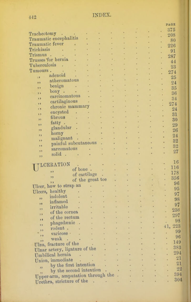 Tracheotomy . Traumatic encephalitis Traumatic fever Trichiasis Trismus . Trusses Tor hernia . Tuberculosis . T urn ours j1 adenoid ) J atheromatous ) » benign ) * bony ■ > t carcinomatous J 1 cartilaginous > 1 chronic mammary * » encysted fibrous J ' fatty . ? J glandular . ) > horny malignant . ) ) J ) painful subcutaneous 5 ) sarcomatous > J solid . TTLCERA.TION . U of bone . of the great toe Ulcer, how to strap an Ulcers, healthy indolent „ inflamed irritable ., of the cornea ,, of the rectum phagedenic . rodent .  , varicose ■ M -weak . Ulna, fracture of the Ulnar artery, ligature of the Umbilical hernia Union, immediate . ;) by the first intention by the second intention . Upper-arm, amputation through the Urethra, stricture of the .