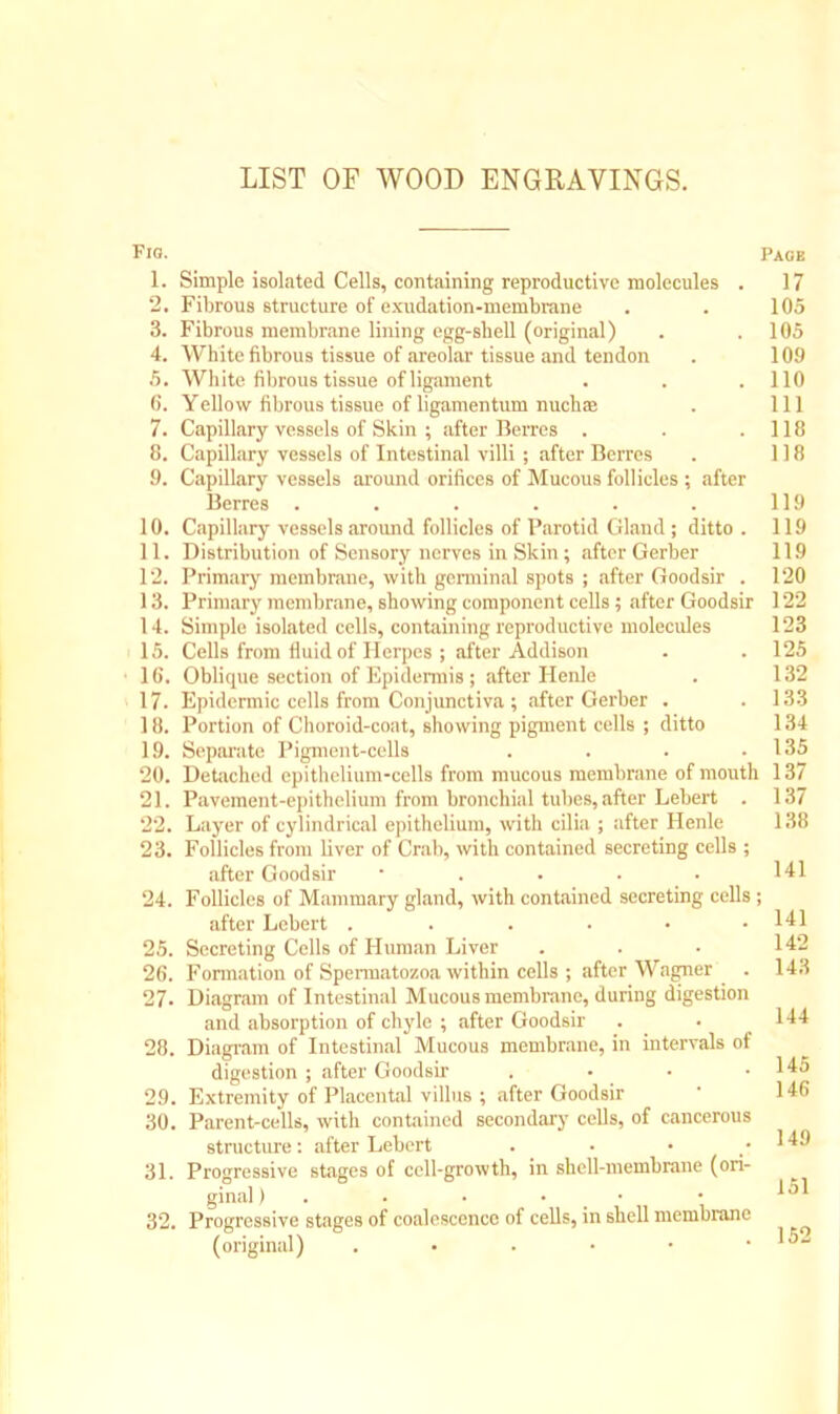 LIST OF WOOD ENGRAVINGS. Fio. Page 1. Simple isolated Cells, containing reproductive molecules . 17 2. Fibrous structure of exudation-membrane . . 105 3. Fibrous membrane lining egg-shell (original) . . 105 4. White fibrous tissue of areolar tissue and tendon . 109 5. White fibrous tissue of ligament . . .110 (i. Yellow fibrous tissue of ligamentum nuchas . Ill 7. Capillary vessels of Skin ; after Berres . . .118 8. Capillary vessels of Intestinal villi ; after Berrcs . 118 9. Capillary vessels around orifices of Mucous follicles ; after Berres . . . . . . 119 10. Capillary vessels around follicles of Parotid Gland ; ditto. 119 11. Distribution of Sensory nerves in Skin ; after Gerber 119 12. Primary membrane, with germinal spots; after Goodsir . 120 13. Primary membrane, showing component cells ; after Goodsir 122 14. Simple isolated cells, containing reproductive molecules 123 15. Cells from fluid of Herpes ; after Addison . .125 • 16. Oblique section of Epidermis ; after Henle . 132 17. Epidermic cells from Conjunctiva ; after Gerber . . 133 18. Portion of Choroid-coat, showing pigment cells ; ditto 134 19. Separate Pigment-cells . . . .135 211. Detached epithelium-cells from mucous membrane of mouth 137 21. Pavement-epithelium from bronchial tubes, after Lebert . 137 22. Layer of cylindrical epithelium, with cilia ; after Henle 138 23. Follicles from liver of Crab, with contained secreting cells ; after Goodsir • . . . • 141 24. Follicles of Mammary gland, with contained secreting cells ; after Lebert . . . . • • 141 25. Secreting Cells of Human Liver . . . 142 26. Formation of Spermatozoa within cells ; after Wagner . 143 27. Diagram of Intestinal Mucous membrane, during digestion and absorption of chyle ; after Goodsir . • 144 28. Diagram of Intestinal Mucous membrane, in intervals of digestion; after (i Isir .... 145 29. Extremity of Placental villus ; after Goodsir 146 30. Parent-cells, with contained secondary cells, of cancerous structure: after Lebert . 14!' 31. Progressive stages of cell-growth, in shell-membrane (ori- ginal )....■ 32. Progressive stages of coalescence of cells, in shell membrane (original) . • . • • 151